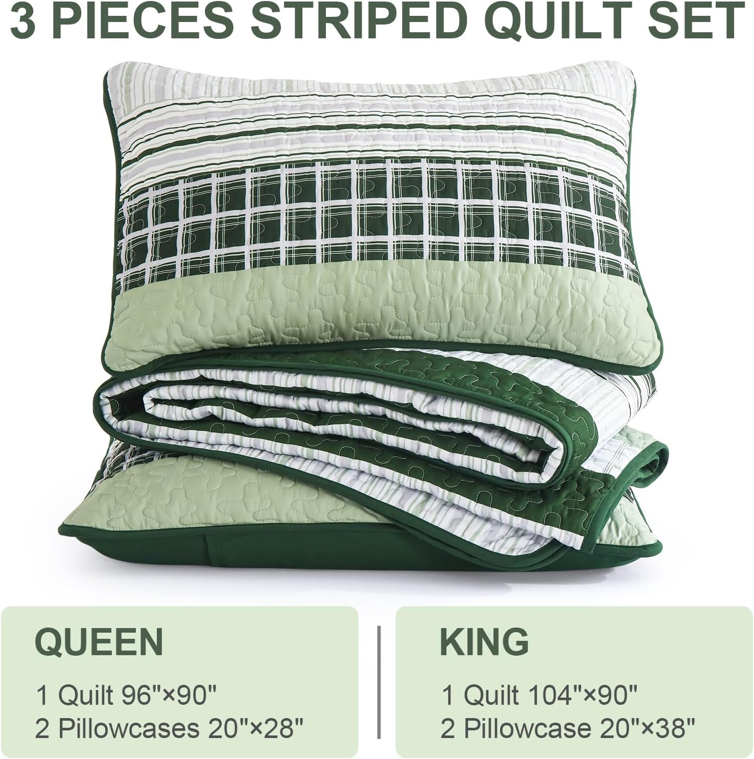 DJY Striped Quilt Set Queen Size 3 Pieces Microfiber Bedding Set