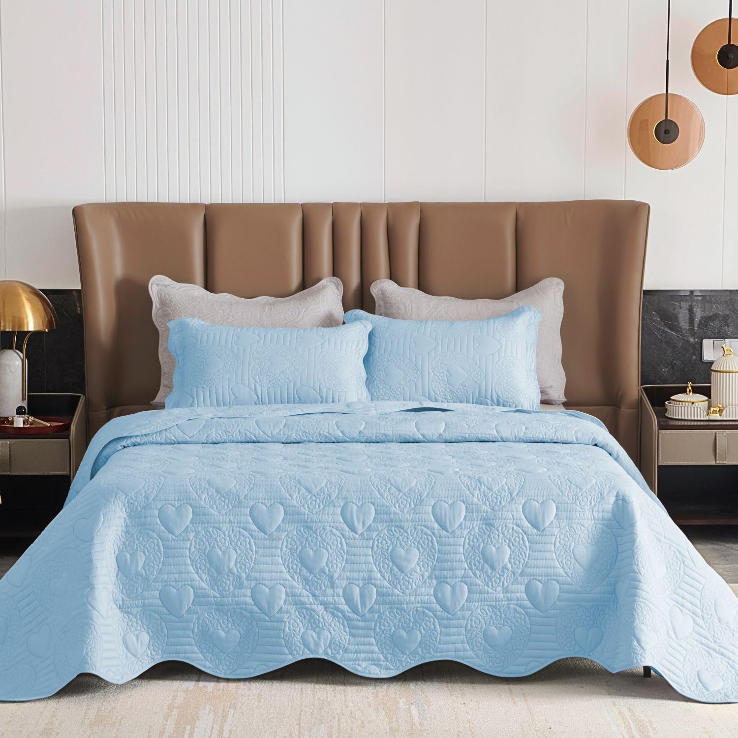 Auemtyn Light Blue Heart Pattern Quilt Set 1