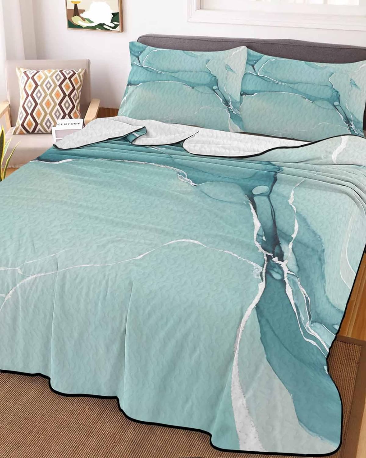 PRINT PICTURE ARTHOME Twin XL Blue Marble Quilt Set with Pillow Covers