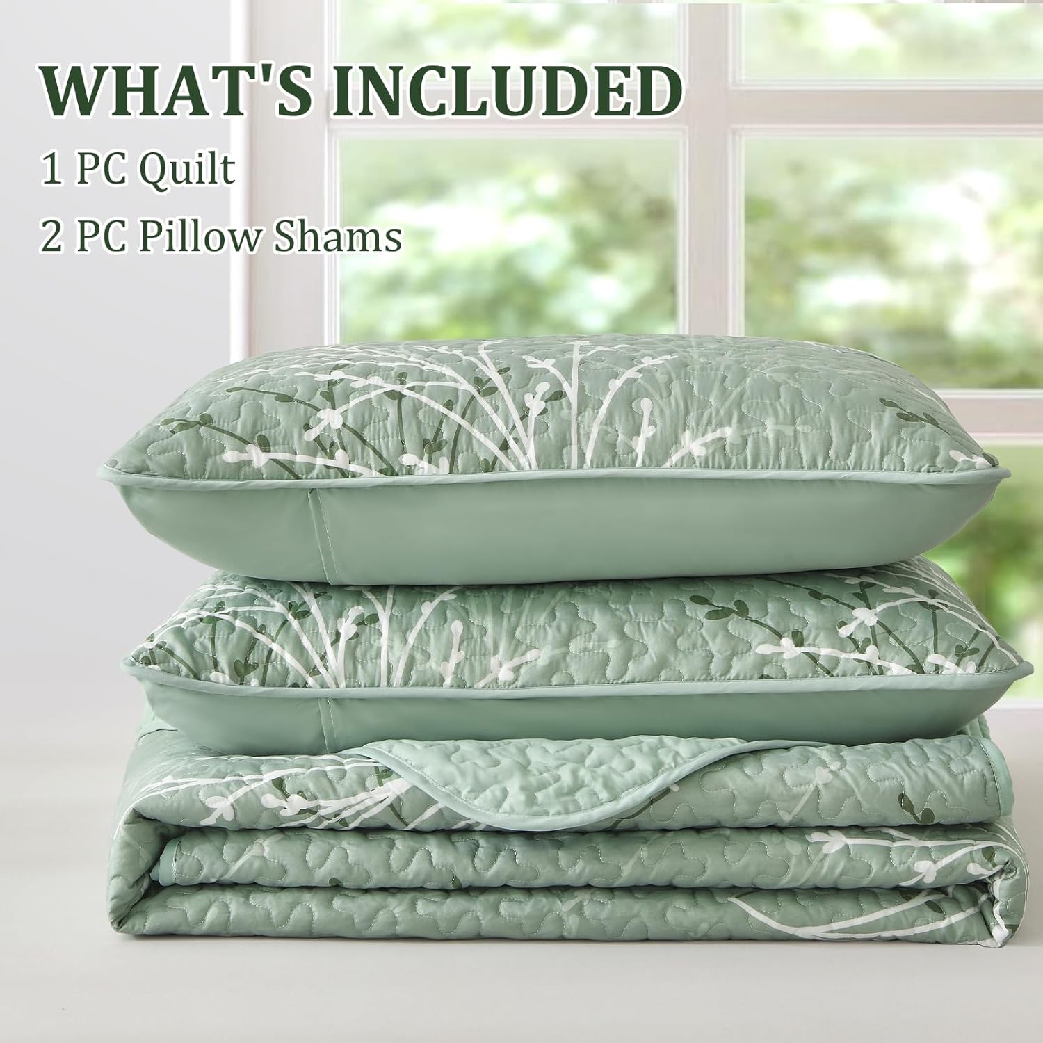 DJY Sage Green Botanical Quilt Set Twin Size