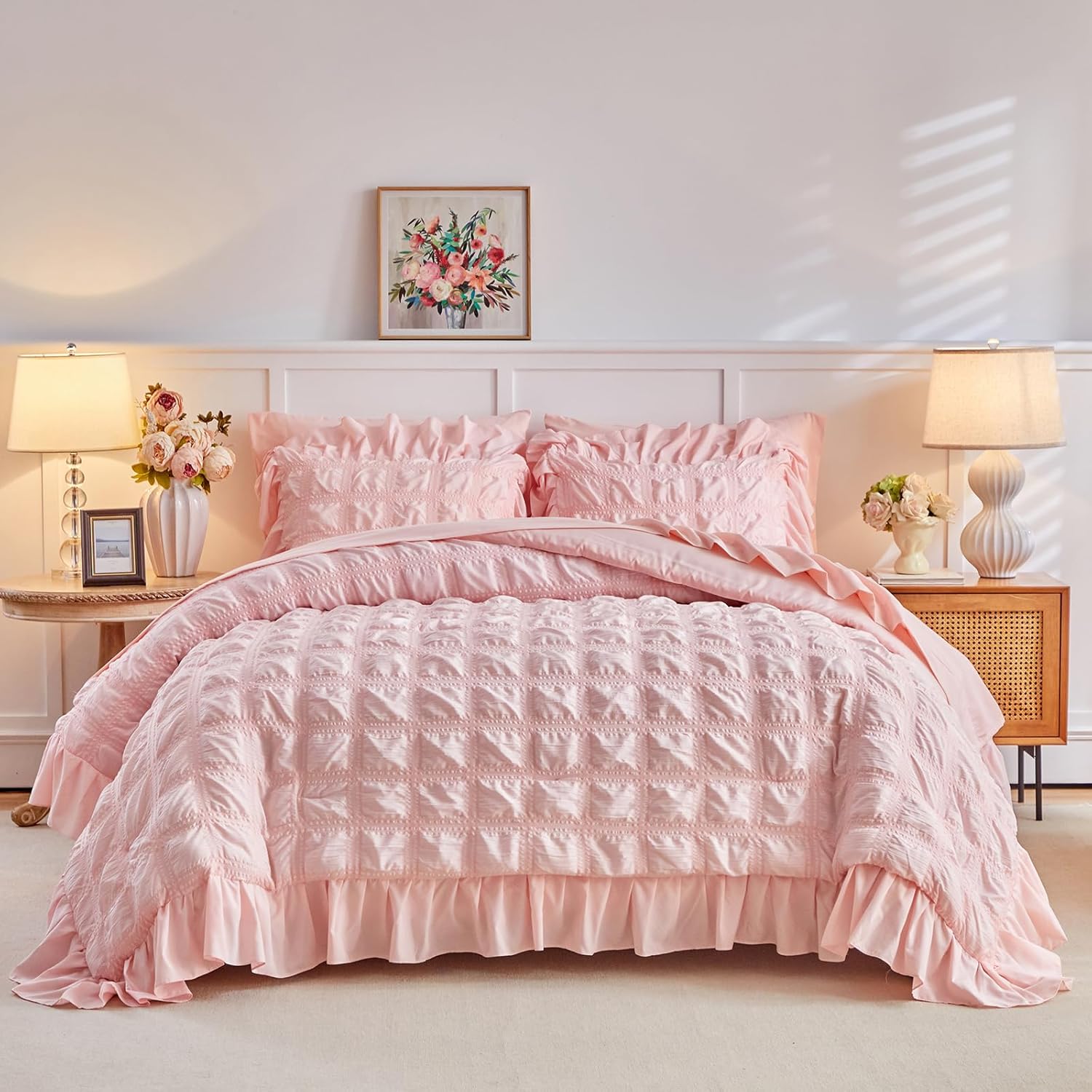Tititada Blush Pink Plaid Seersucker Comforter Set