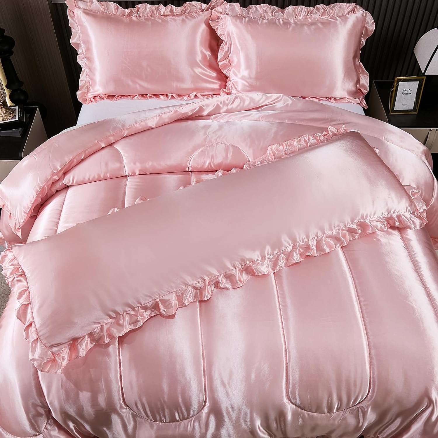 Satin Comforter Set with Ruffle and Pillow Covers
