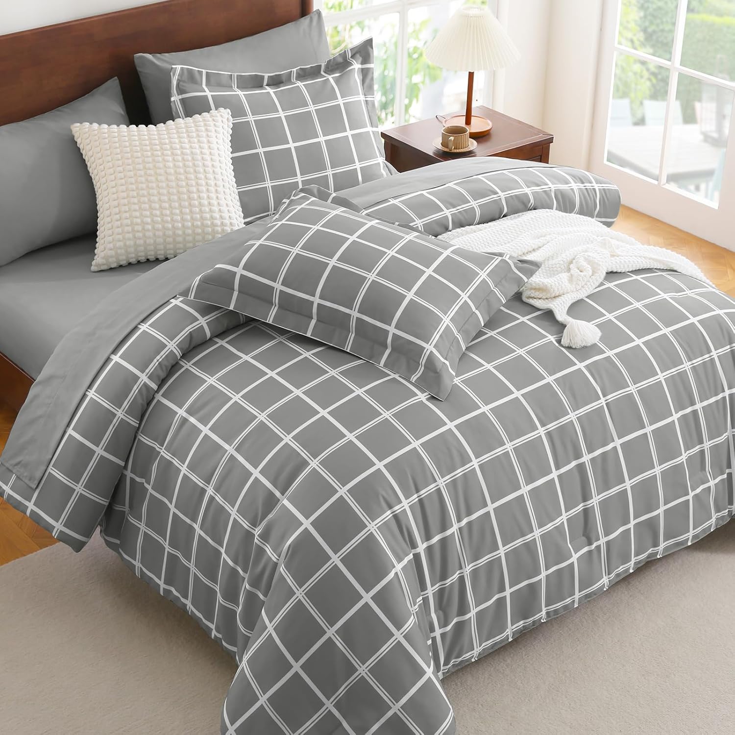 CozyLux Twin XL Plaid Comforter Set Grey 1