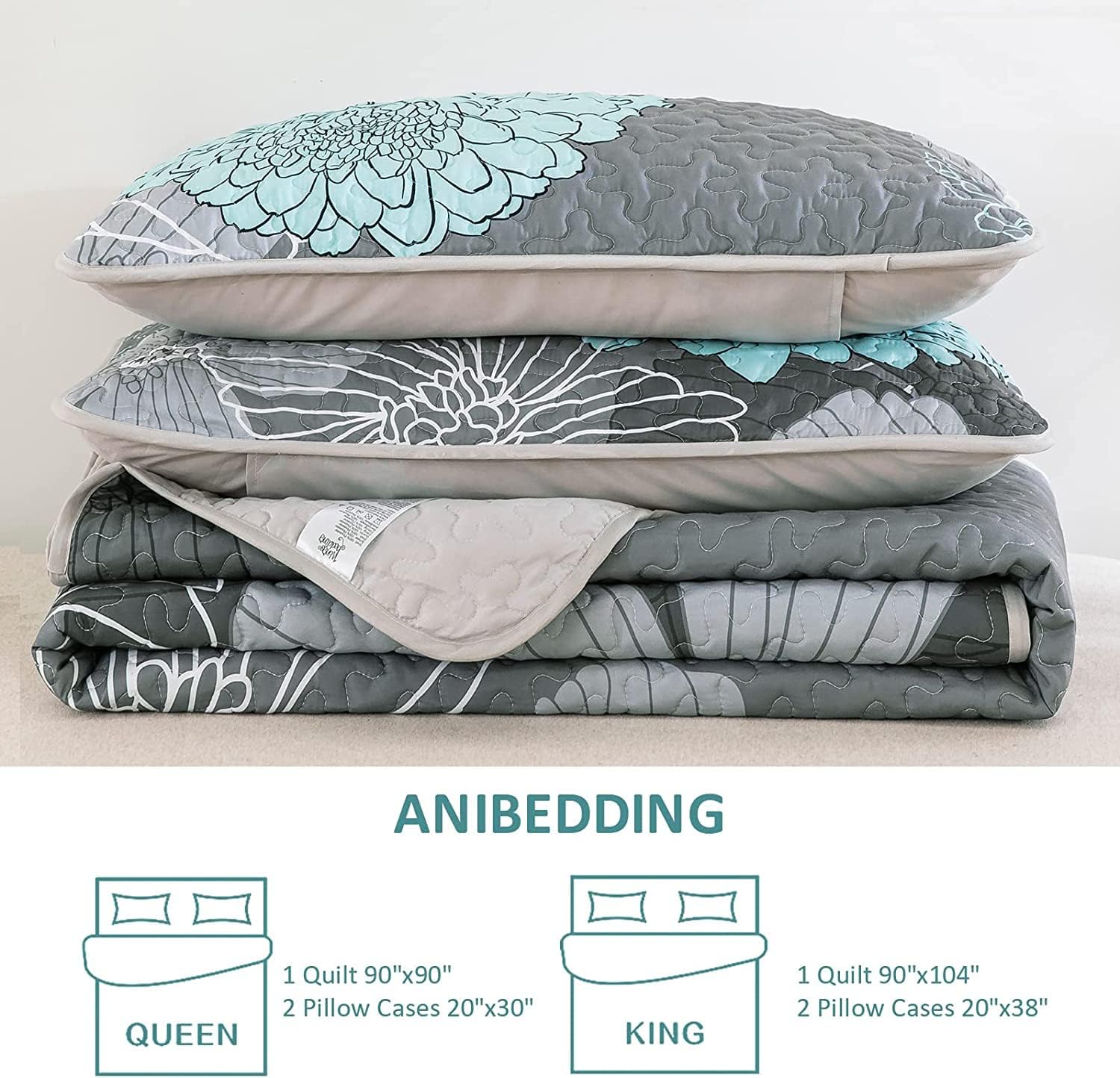 Yiran Grey Aqua Floral Queen Quilt Set 3pcs
