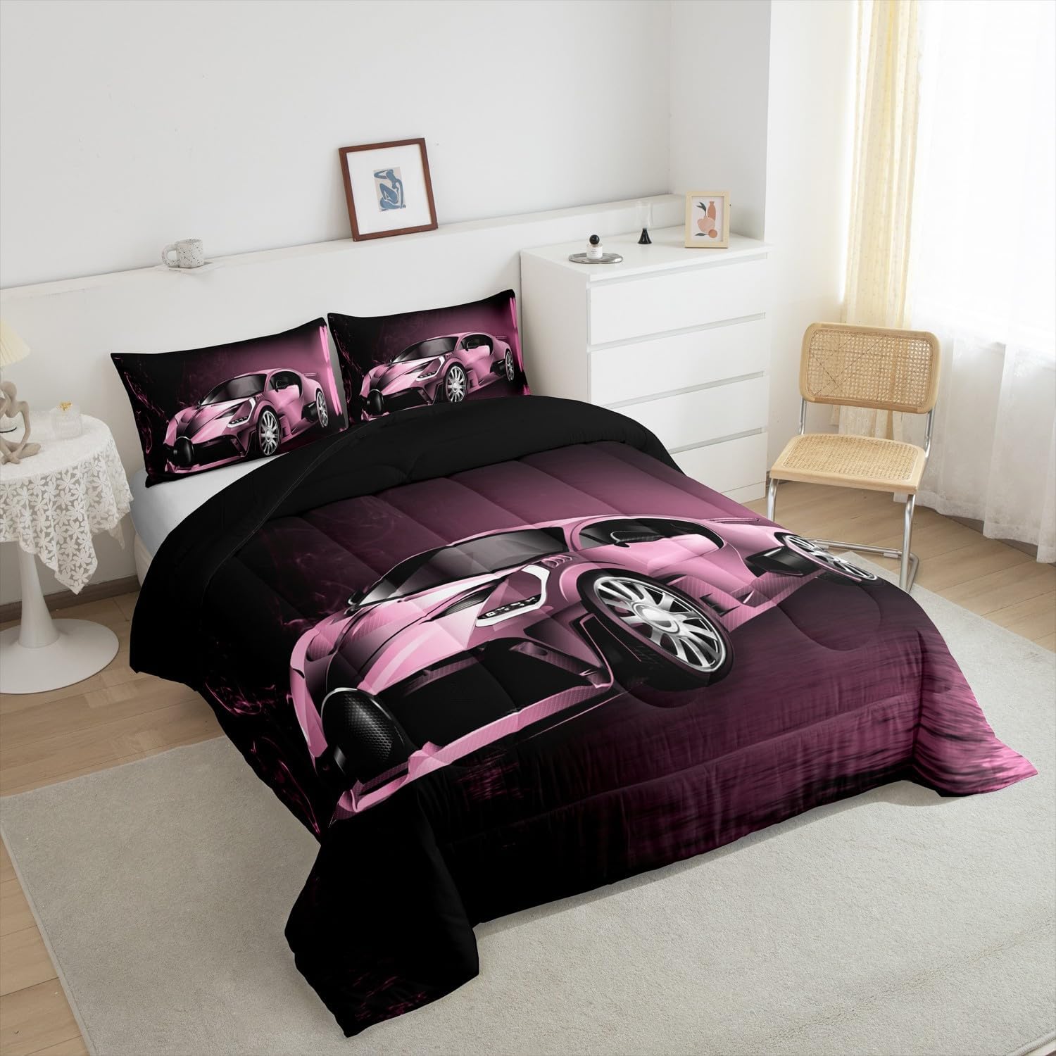 Feelyou Sports Comforter Set Pink Race Car Theme 3Pcs
