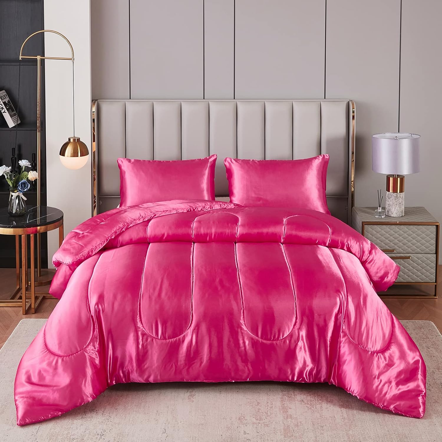 Kanak Bedding 3PC Satin Comforter Set Queen Hot Pink