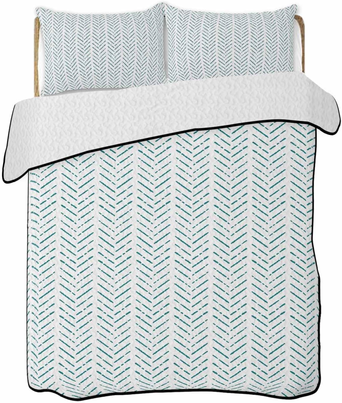 RisQiten Twin XL Teal Striped Reversible Quilt Set 1