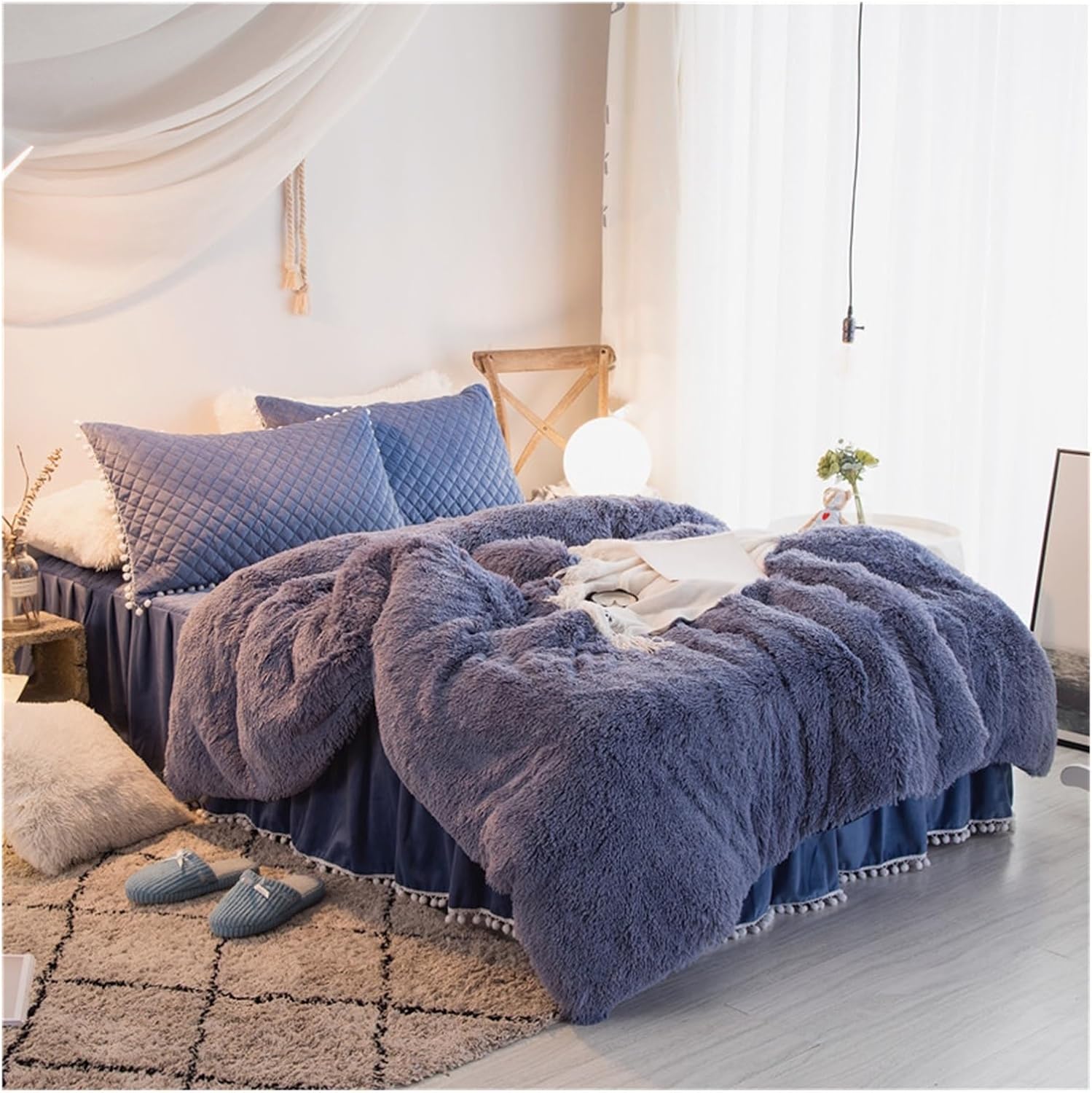 4pcs Blue Super King Green Plush Velvet Duvet Cover Set