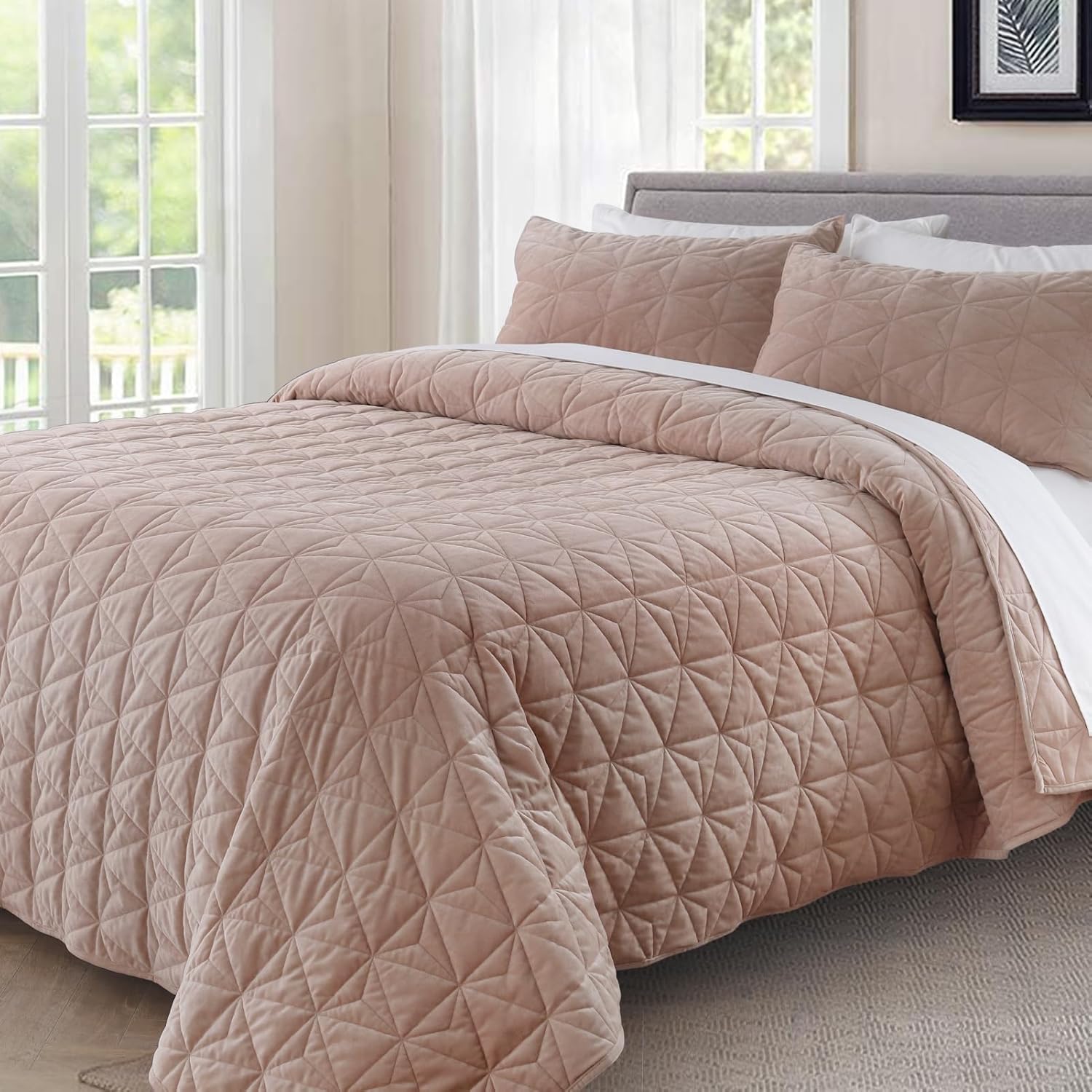 KASENTEX Velvet Quilt Set 102x106 Pink Brown