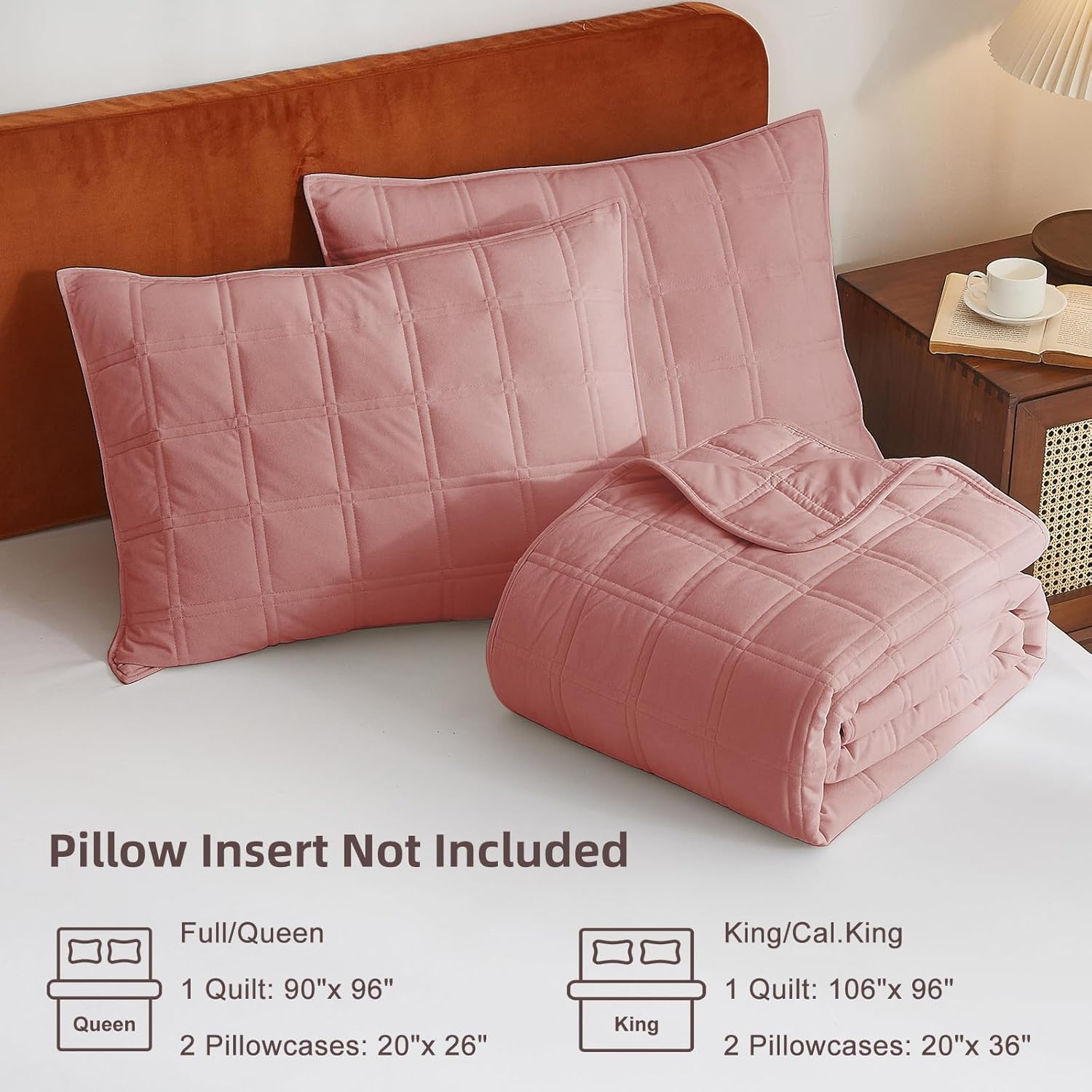 Wondnuga Velvet Quilt Set 3 Piece Pink FullQueen Size
