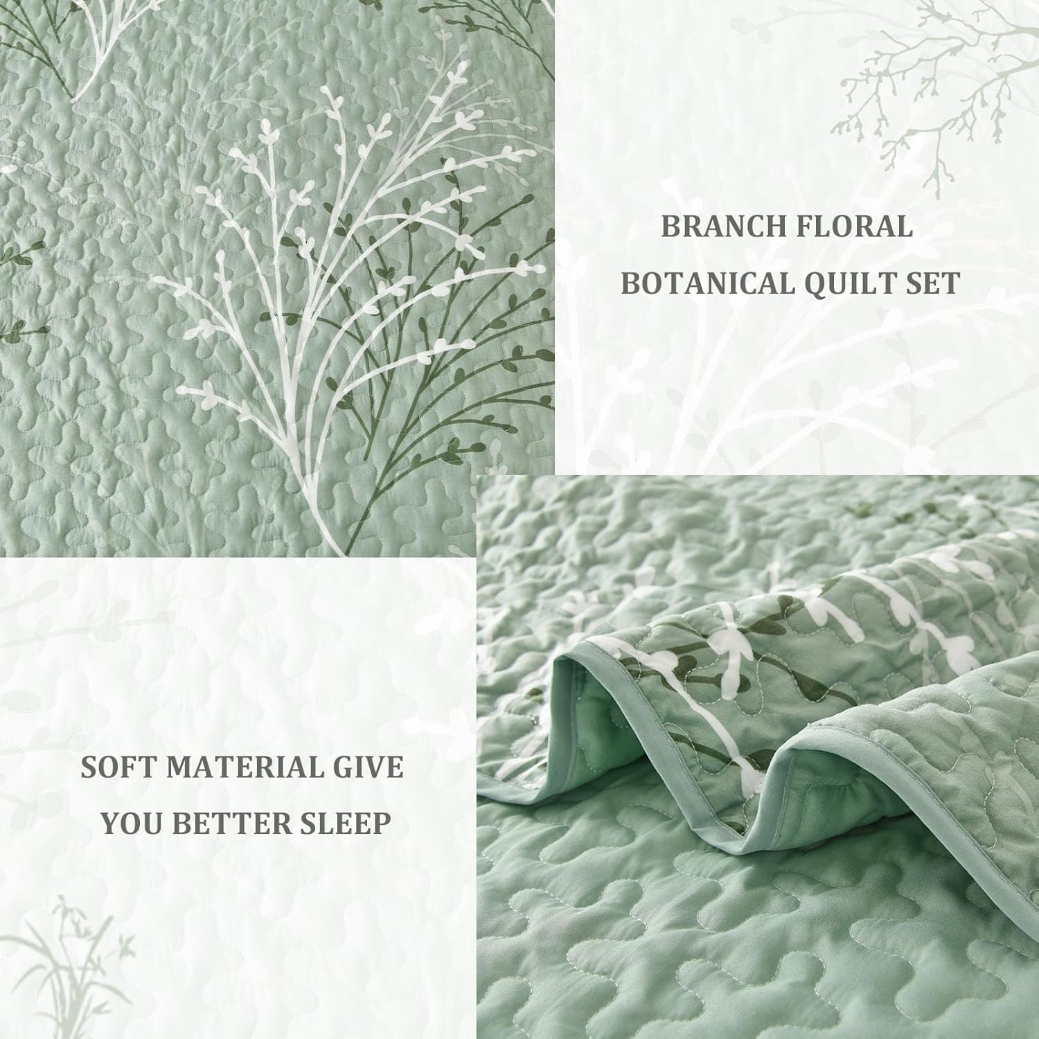 DJY Sage Green Botanical Quilt Set Twin Size
