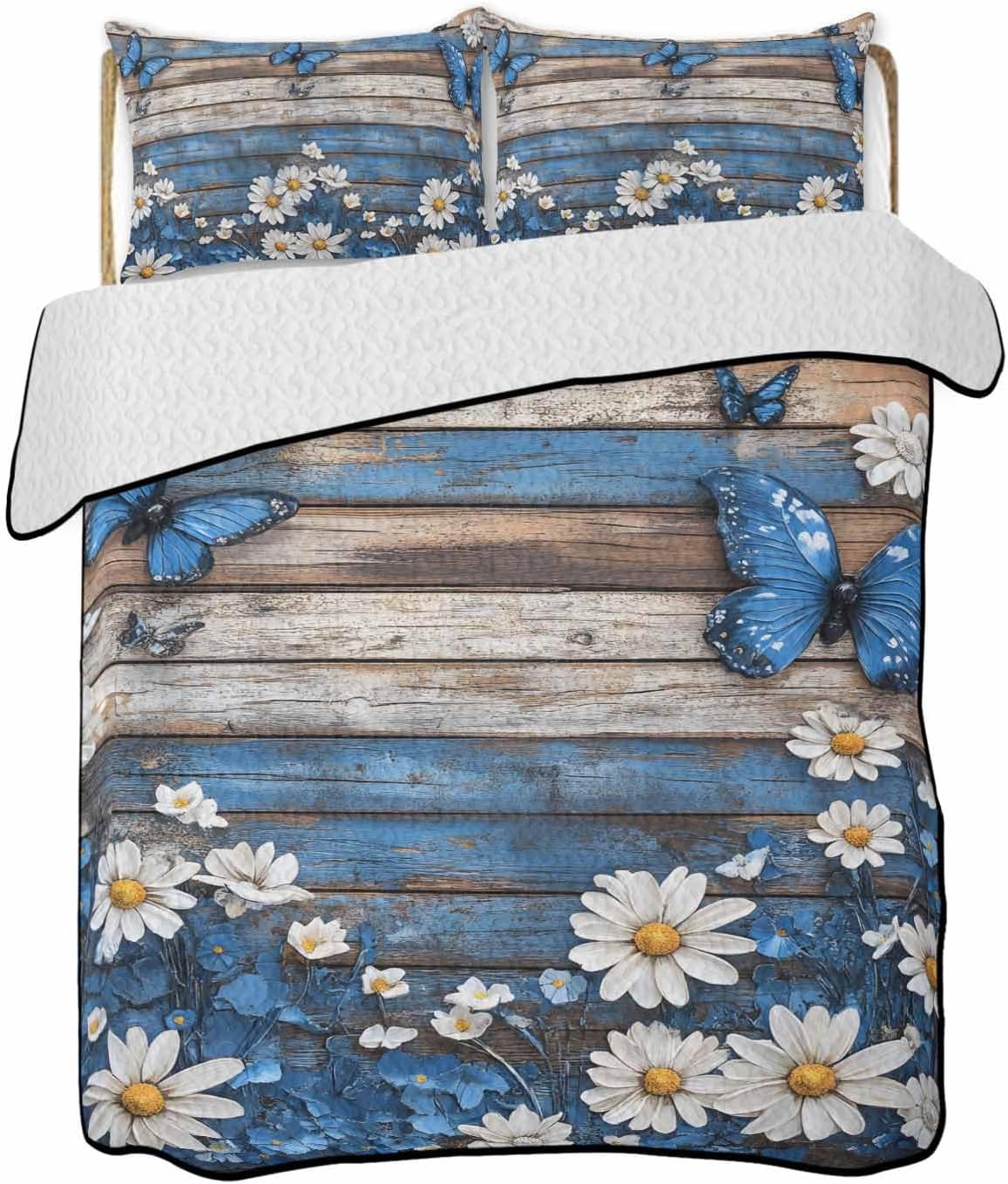 RisQiten Twin XL Quilt Set - Blue Butterfly White Daisy Reversible Bedding