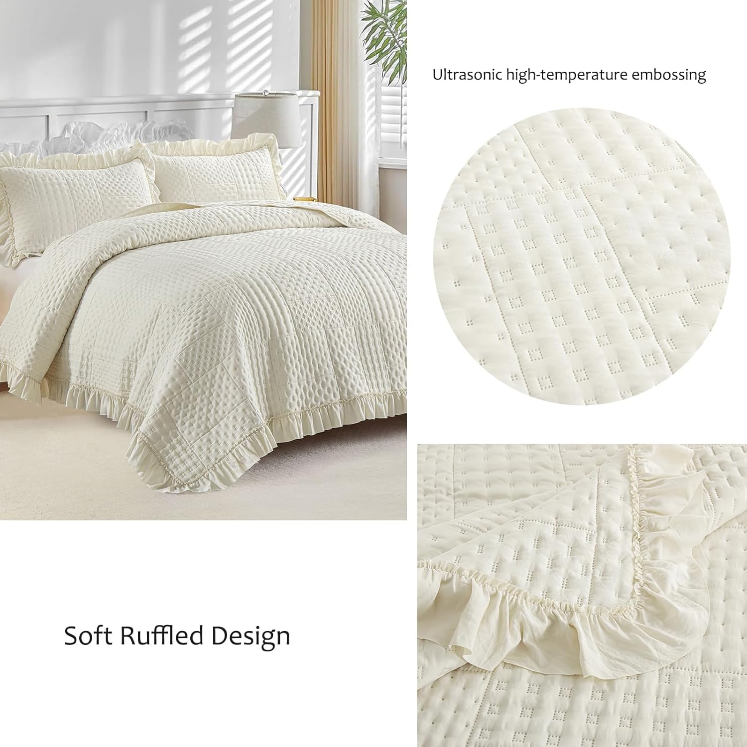 DJY Beige Ruffled Quilt Set 3 Pieces All Season