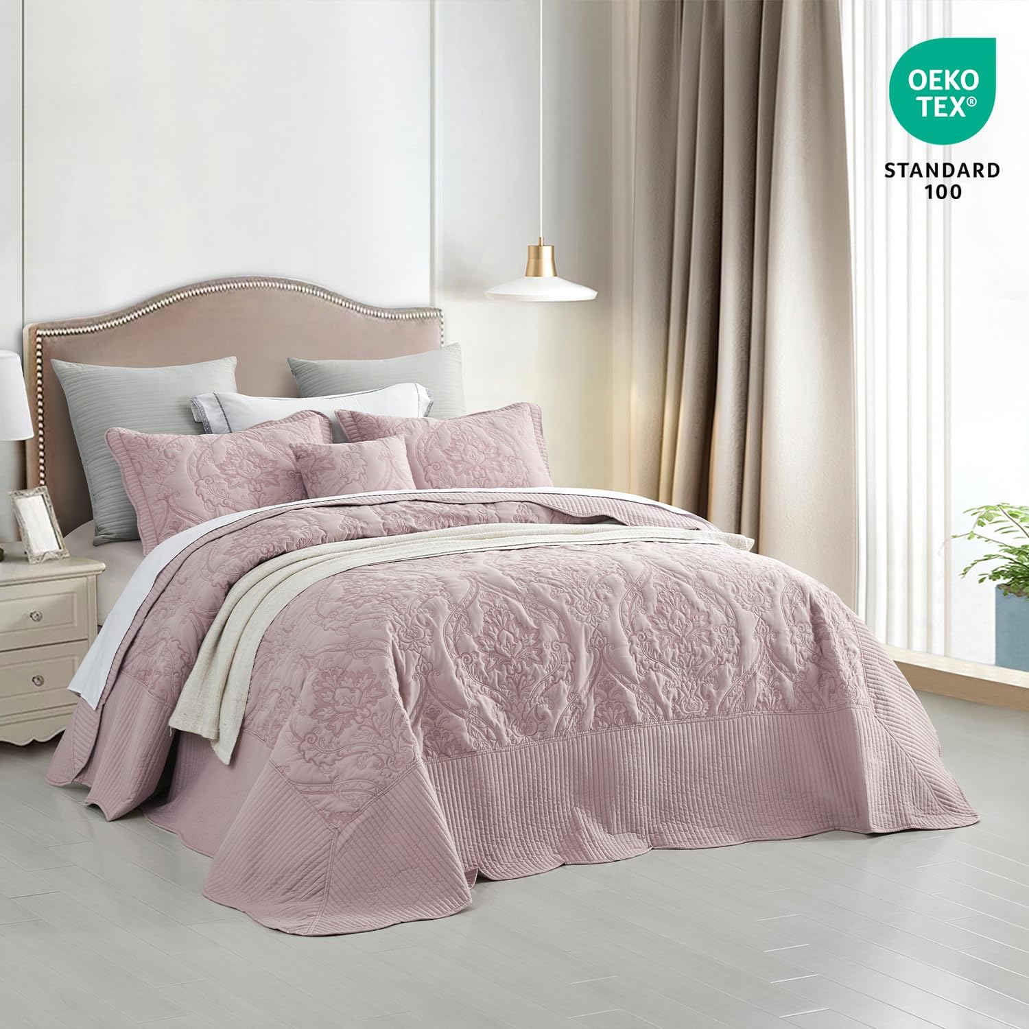 CHIXIN Oversized King Bedspread Set - Damask Paisley Pattern 4 Piece Reversible