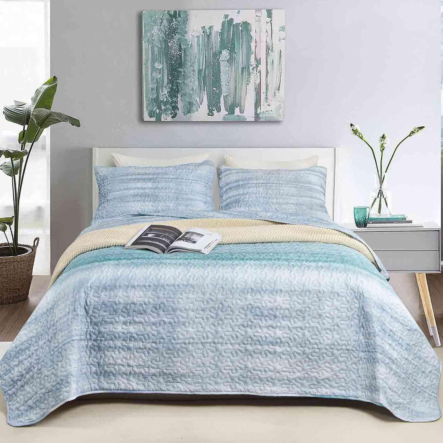 Nanko King Size Quilt Set 3 pcs Grey Teal Blue Striped
