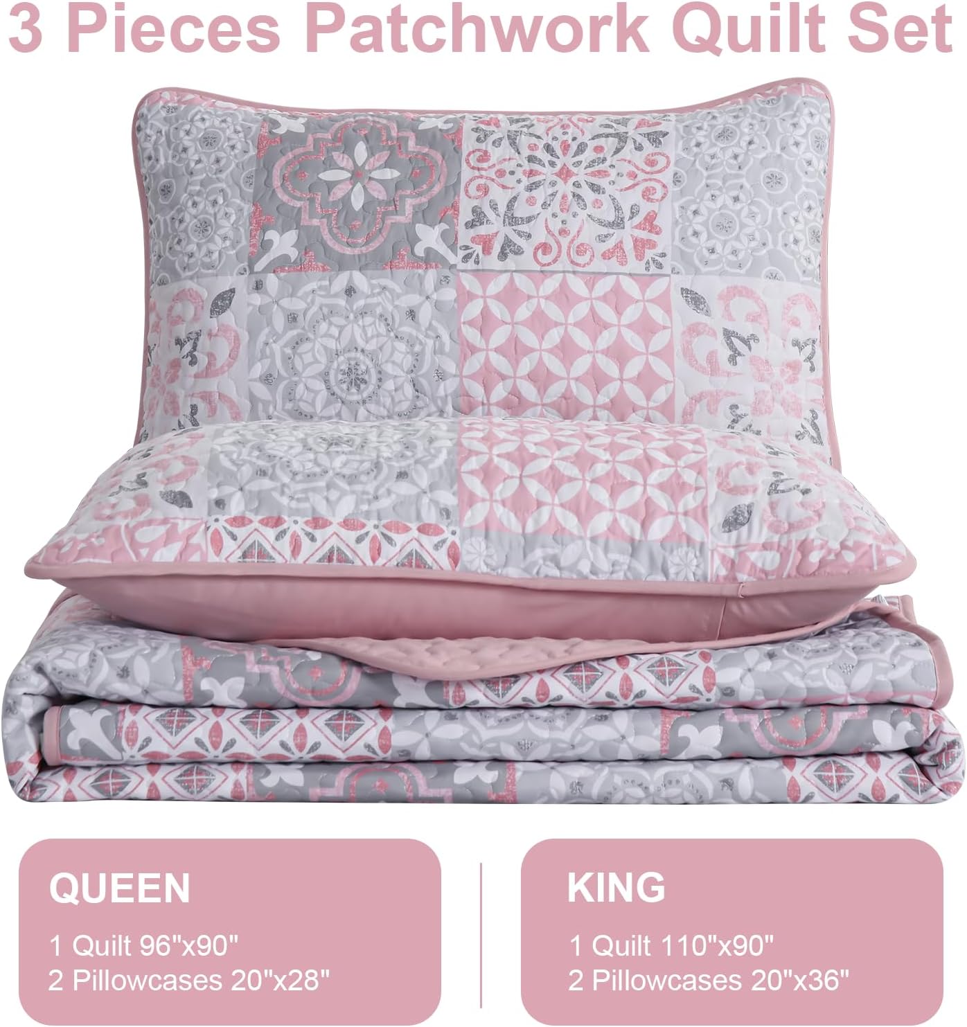Dobuyly Pink Grey Quilt Set King Size