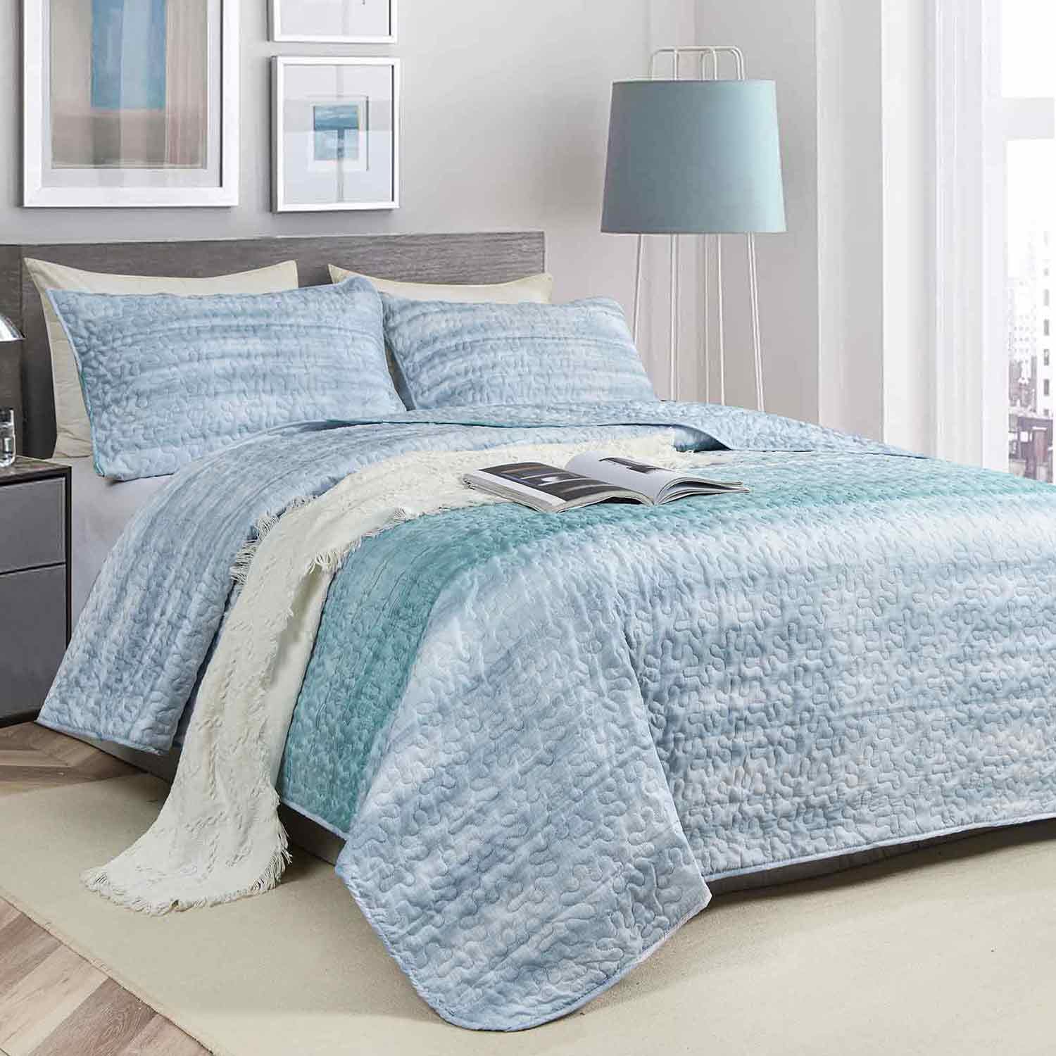 Nanko King Size Quilt Set 3 pcs Grey Teal Blue Striped