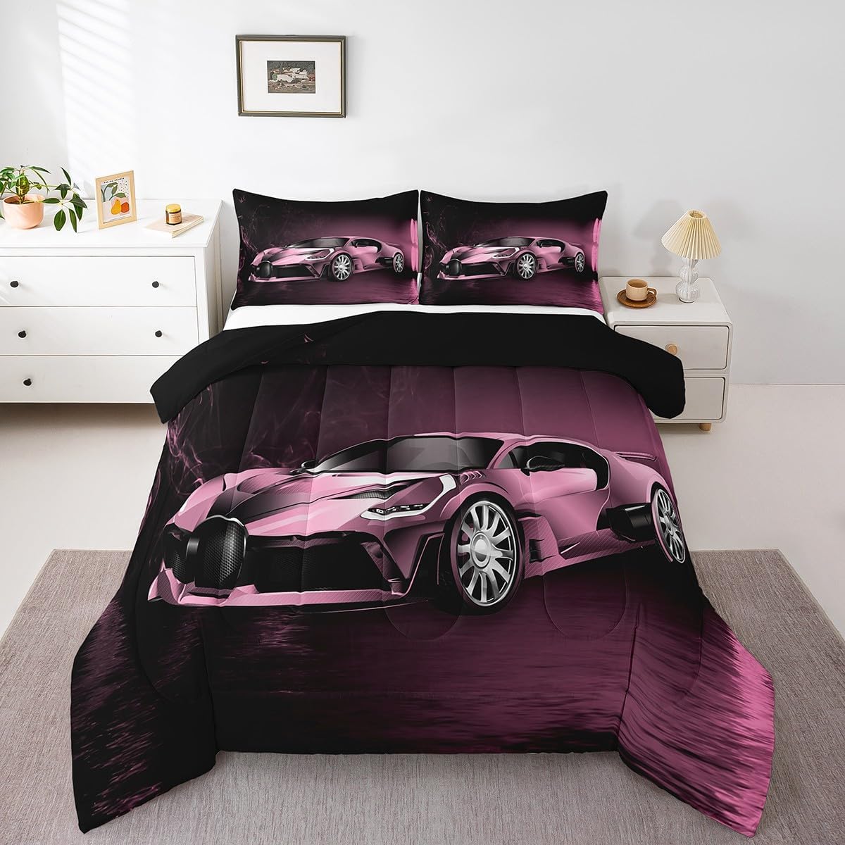 Feelyou Sports Comforter Set Pink Race Car Theme 3Pcs