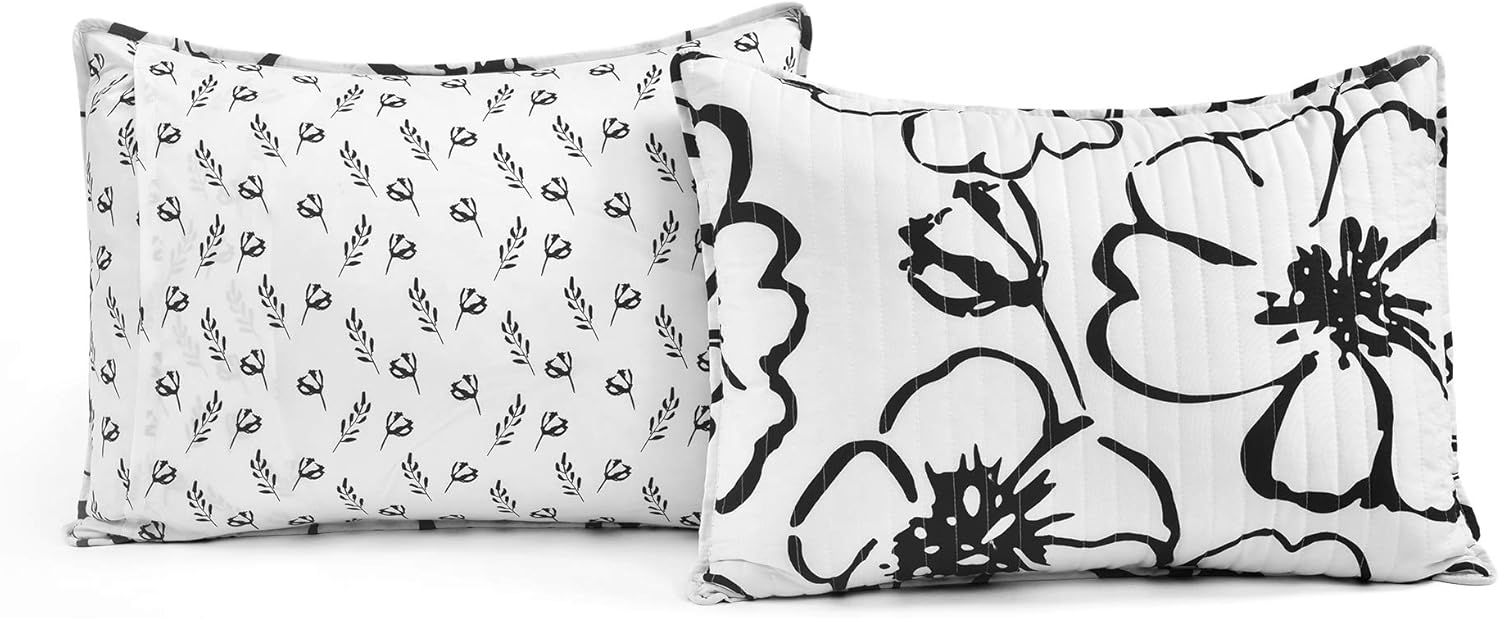 Lush Decor Scandinavian Floral Quilt Set FullQueen Black White