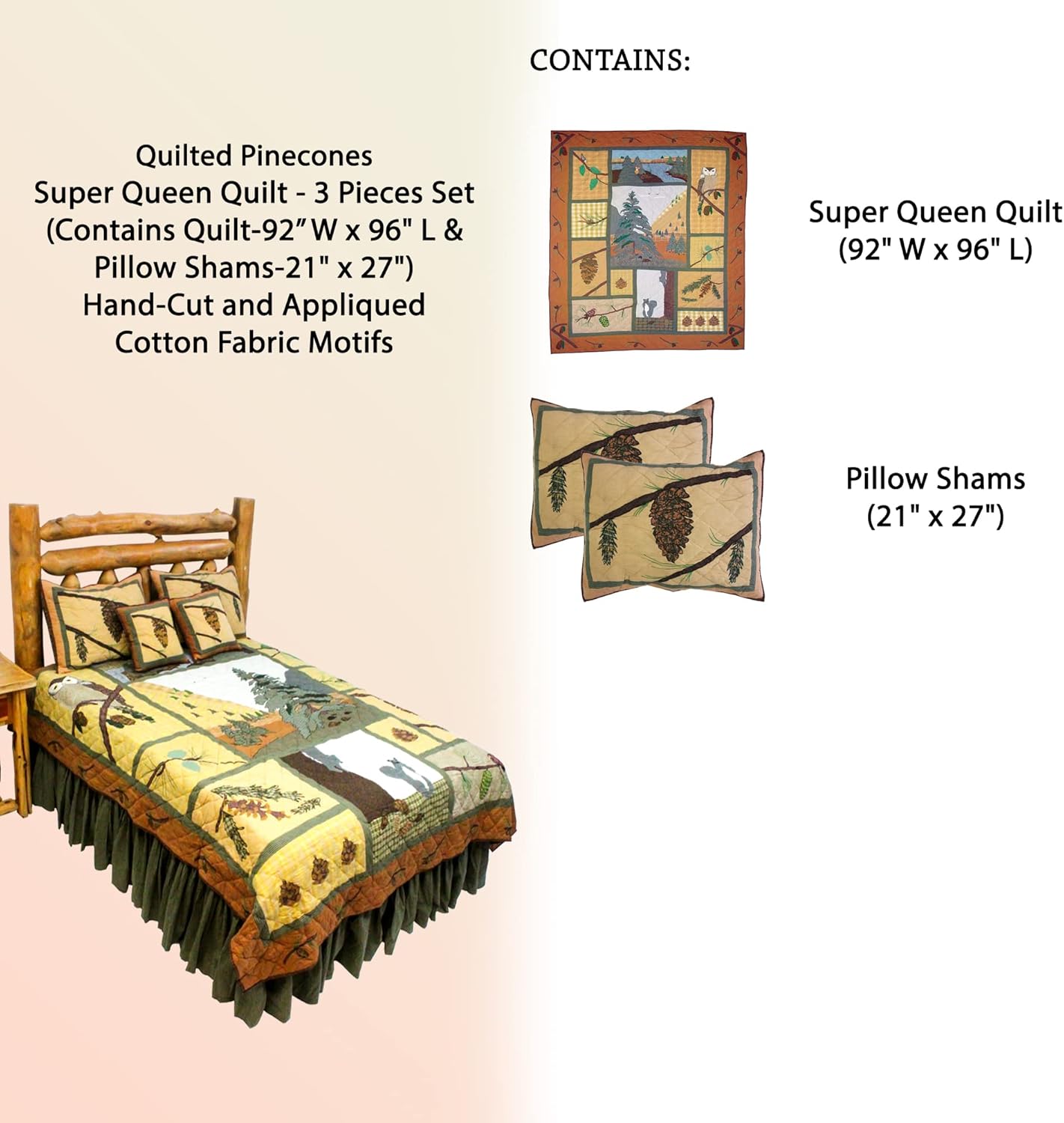 Patch Magic Quilts Quilted Pinecones Super Queen Quilt 3 Piece Set