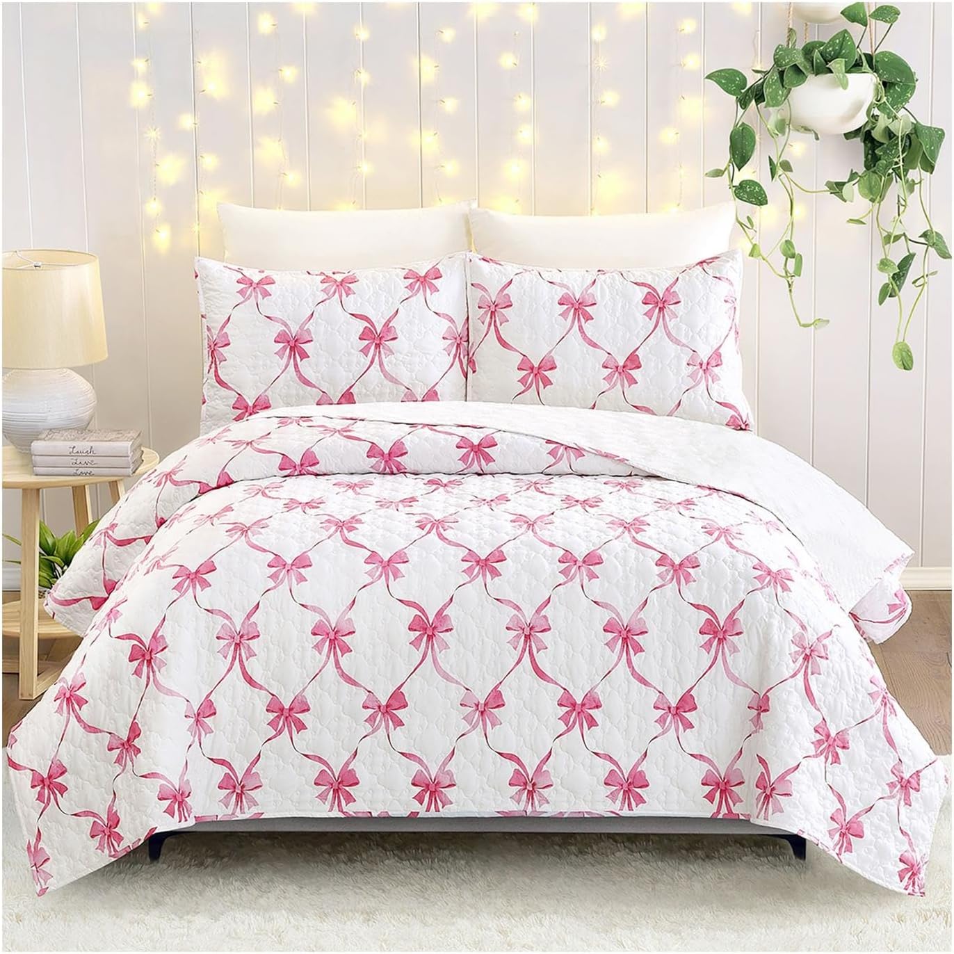 Pink Bow Quilt Set with 2 Shams Twin XL