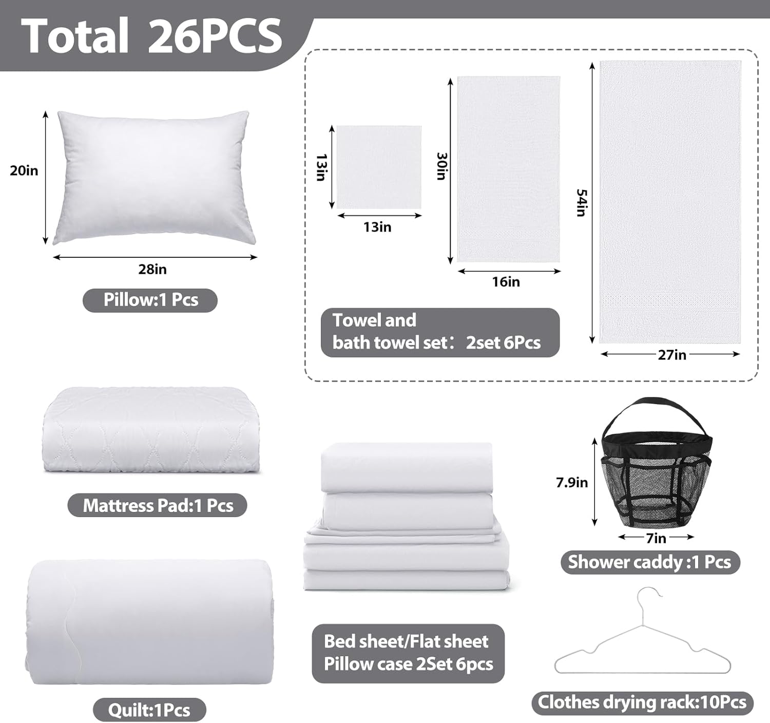 Hahafelt 26 Pcs College Dorm Bedding Set Twin XL White Essentials