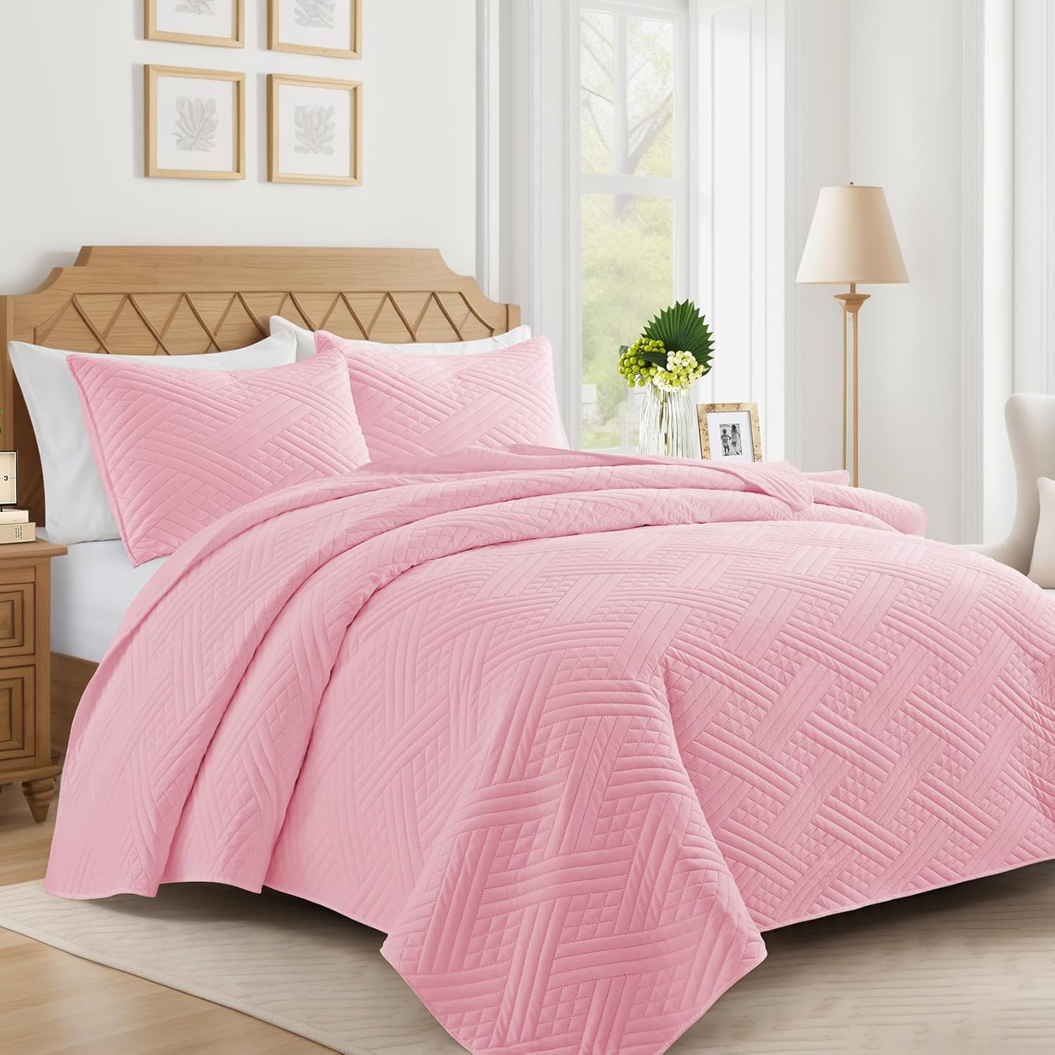 Lavsiry Pink Striped Quilt Set for California King Bed