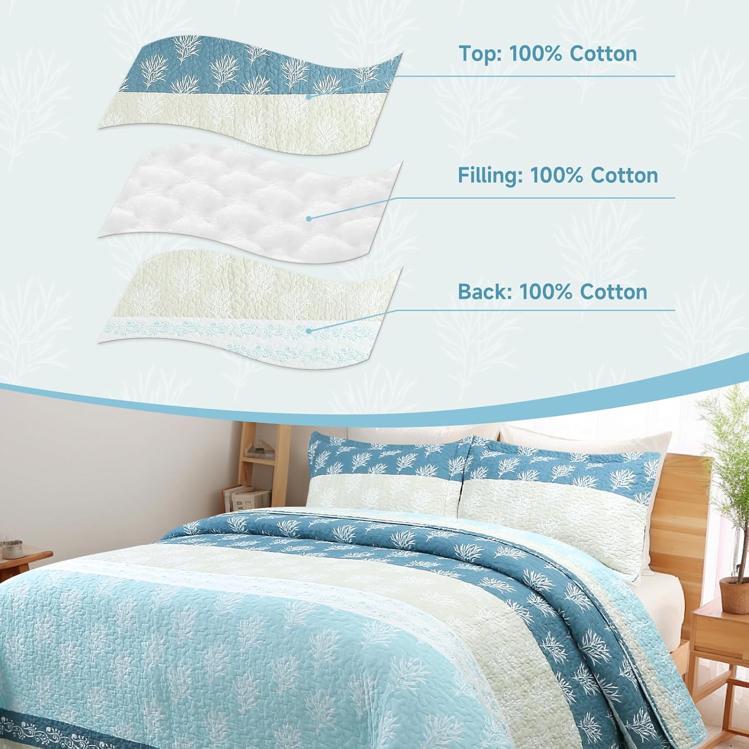 UYOF King Quilt Set - 100 Cotton Reversible Comforter with Shams