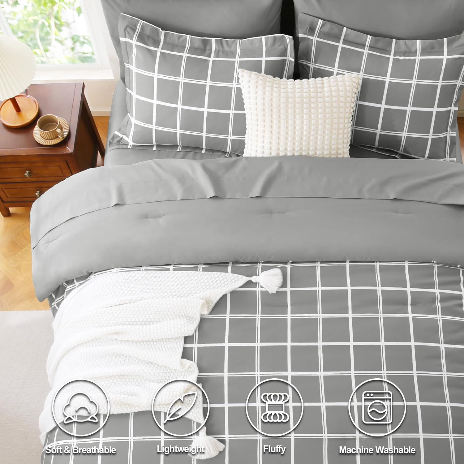 CozyLux Twin XL Plaid Comforter Set Grey 1