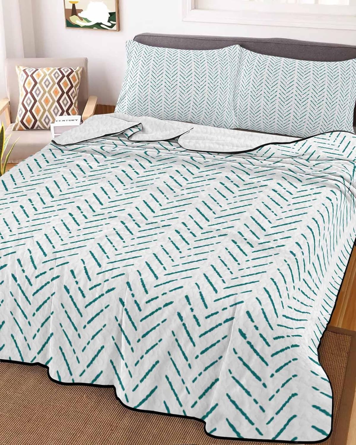 RisQiten Twin XL Teal Striped Reversible Quilt Set 1