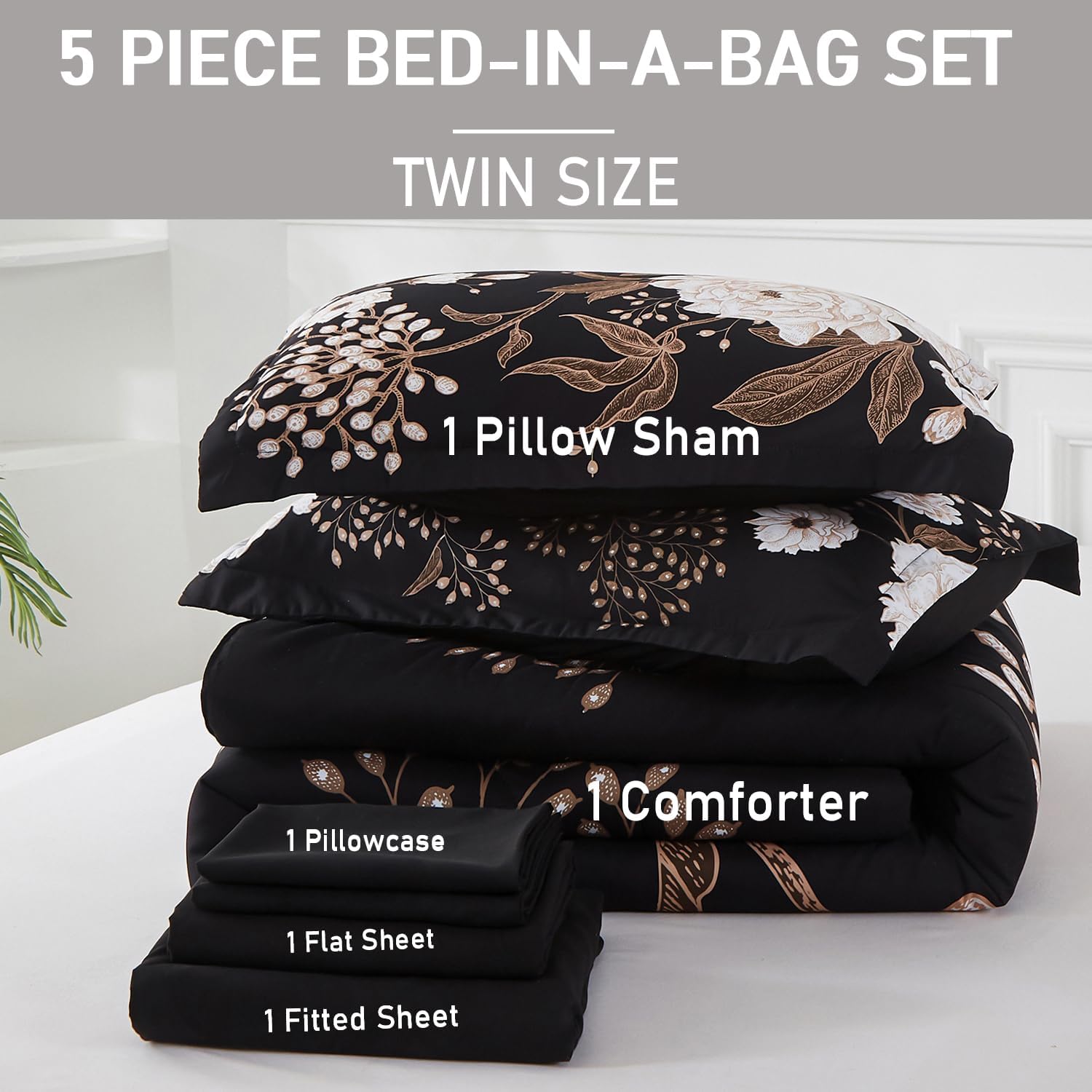 Yogeneg 5 Piece Twin Comforter Set Botanical Floral Bedding 1