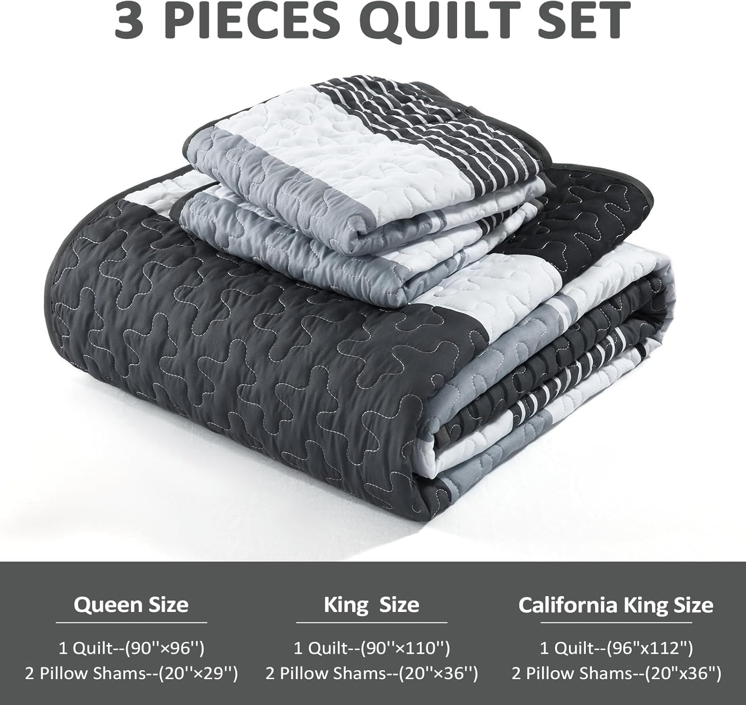 Dinjoy Boho Quilt Set Queen - Black White with Grey Striped
