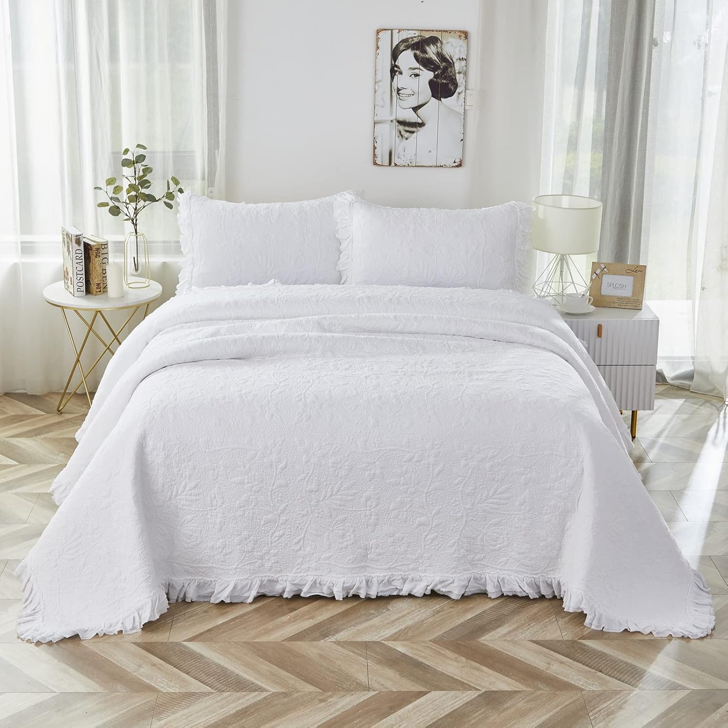 Brandream 5-Piece White Quilt Set Cotton Queen Size