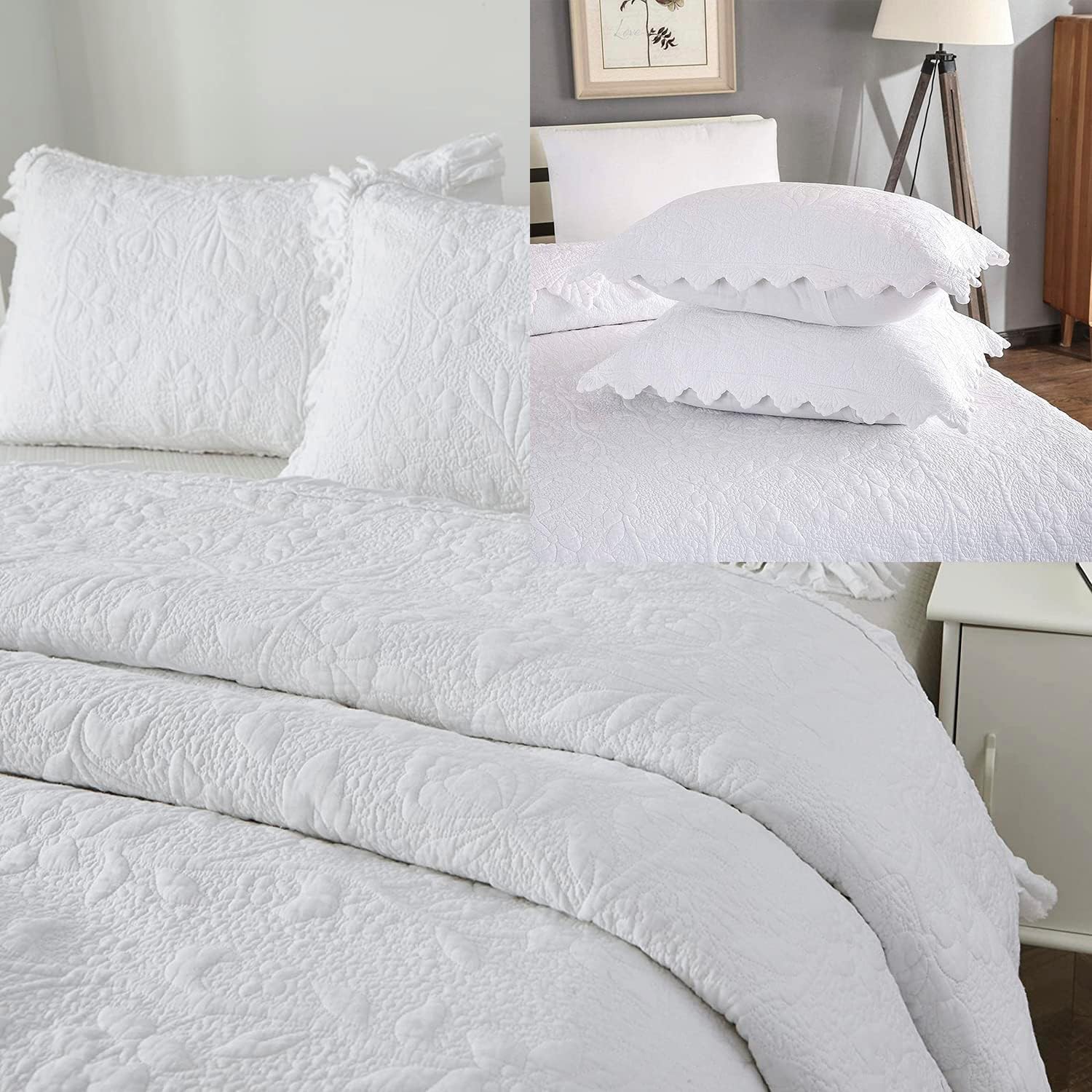 Brandream 5-Piece White Quilt Set Cotton Queen Size