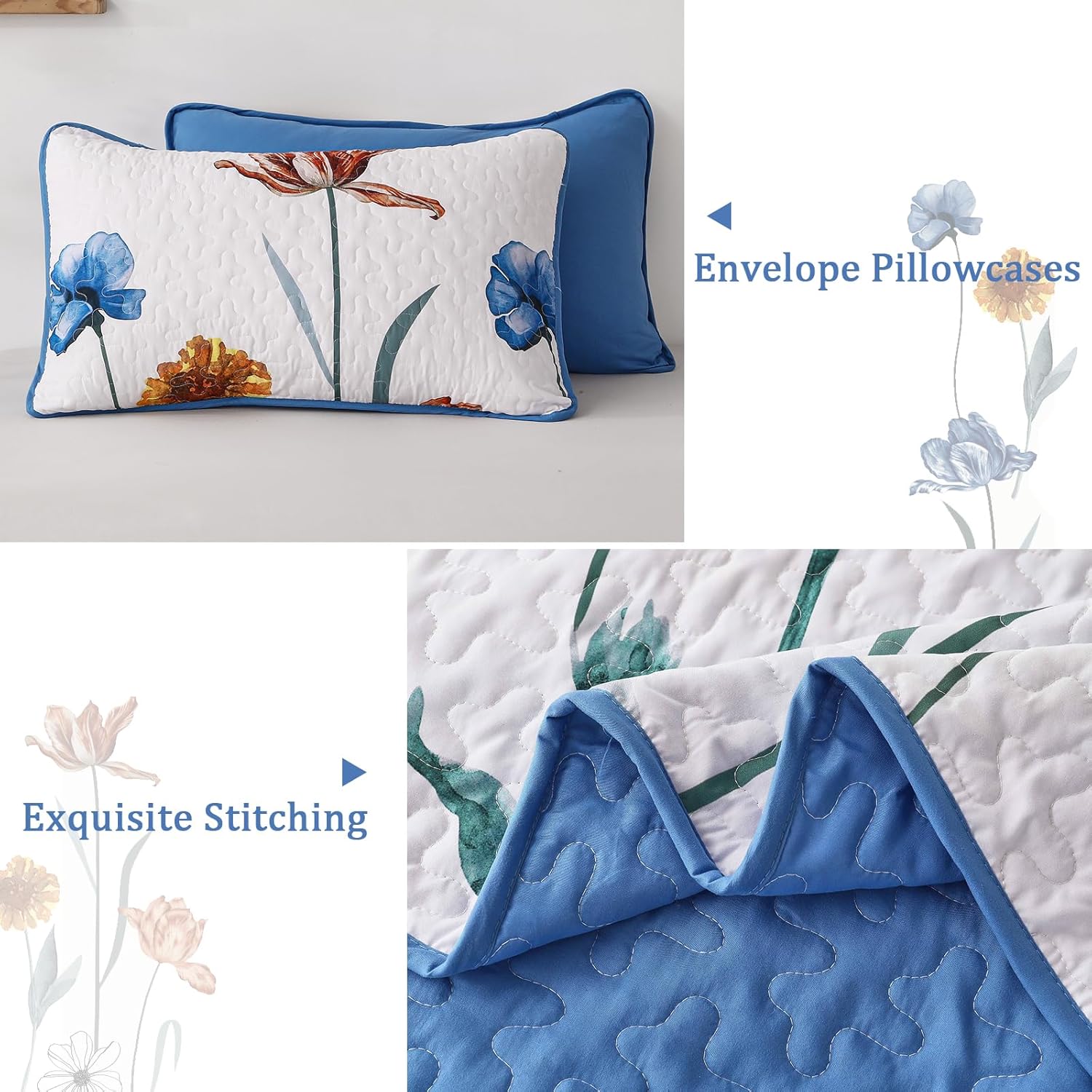 WONGS BEDDING Blue Floral Quilt Set King Size