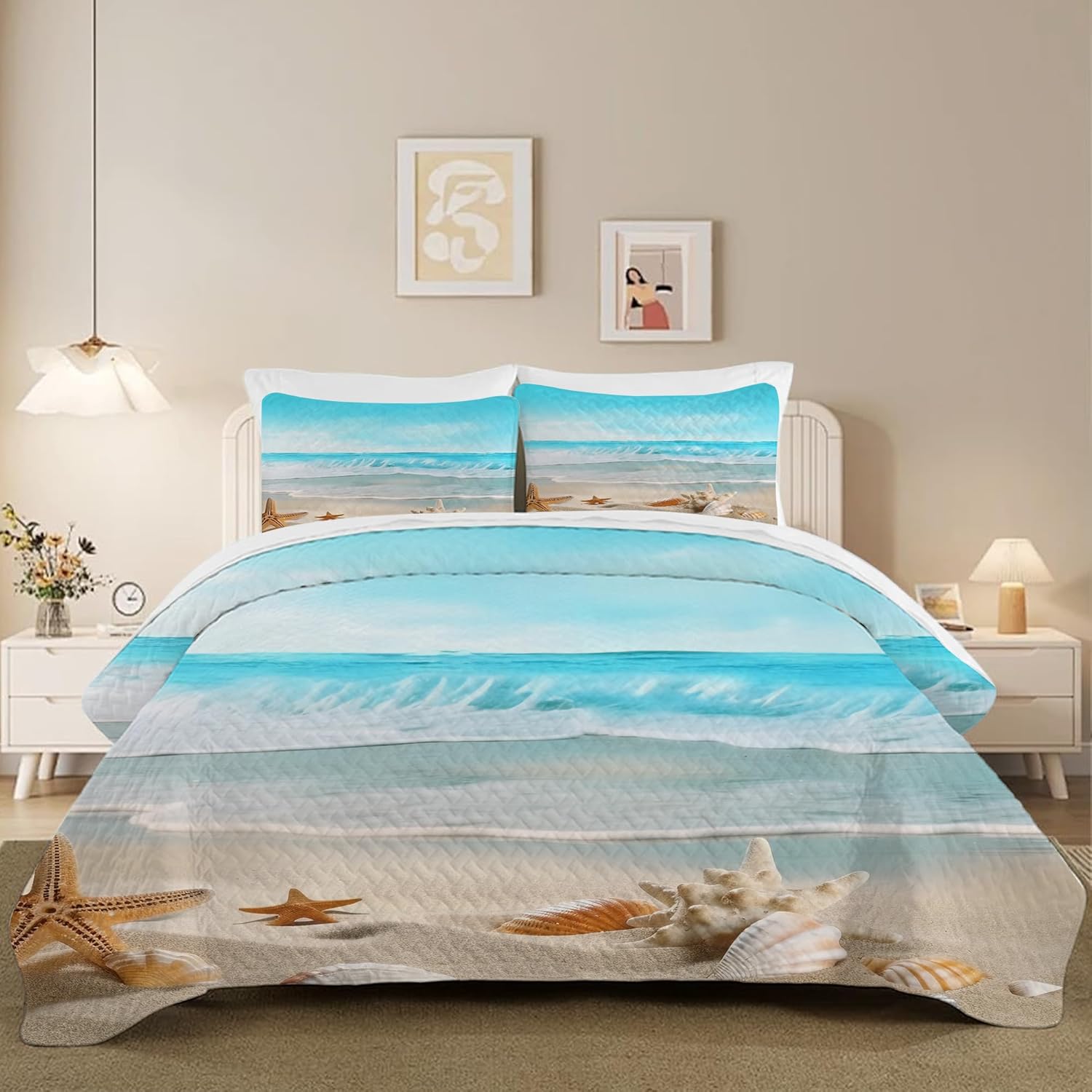 Blue Coastal Quilt Set Twin 2 Pieces Microfiber