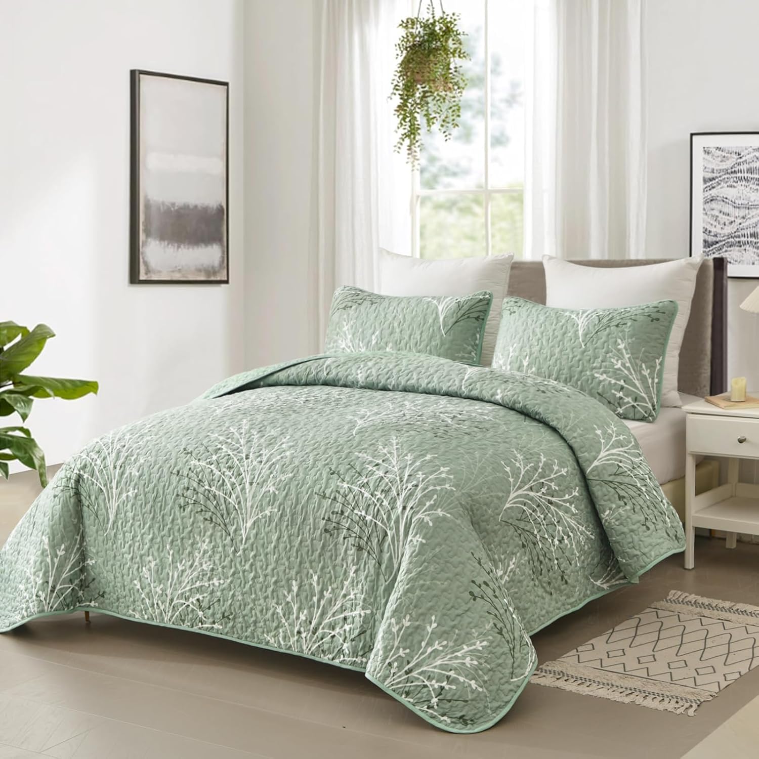DJY Sage Green Botanical Quilt Set Twin Size