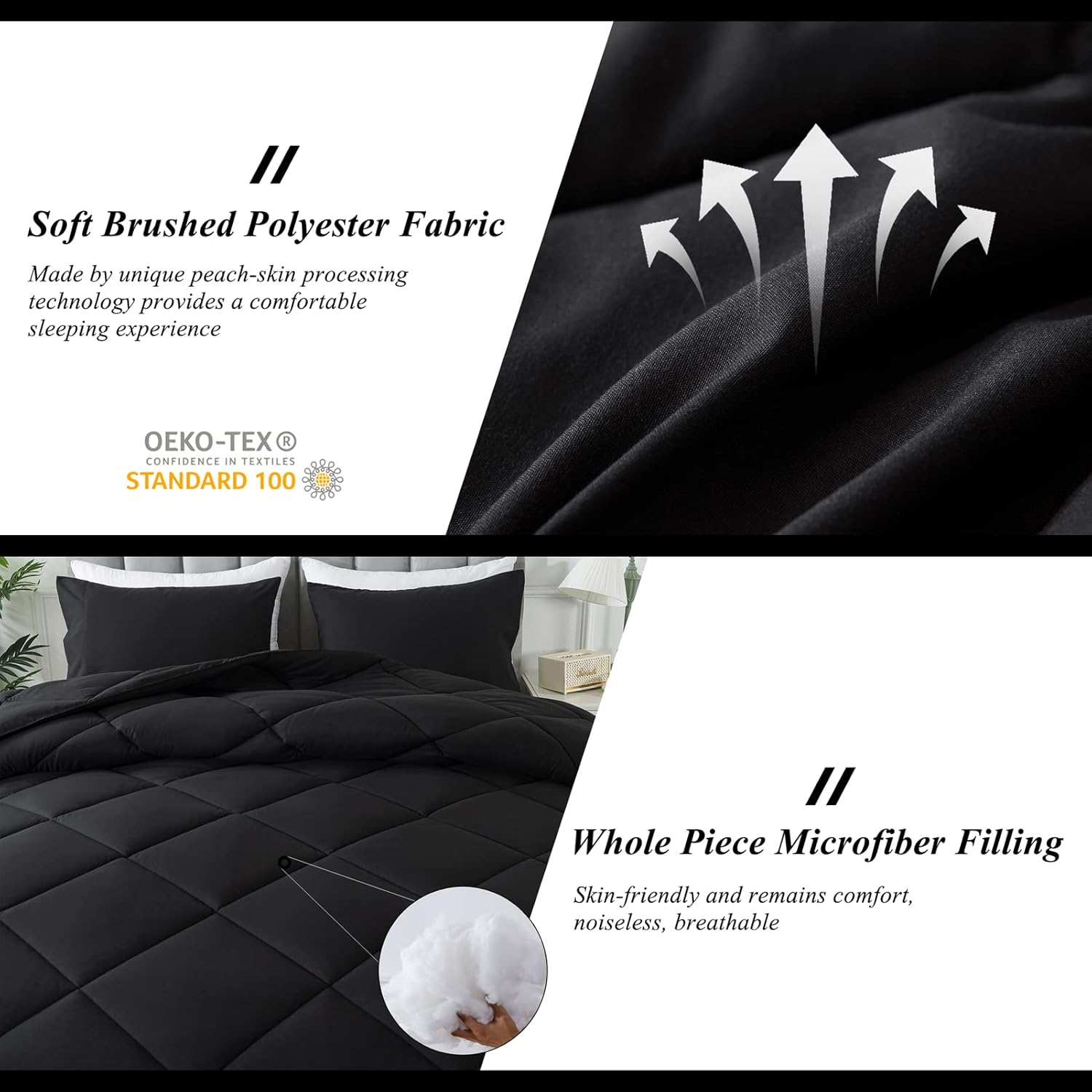 ELNIDO QUEEN Lightweight King Comforter Set - 3 Piece Black 200GSM