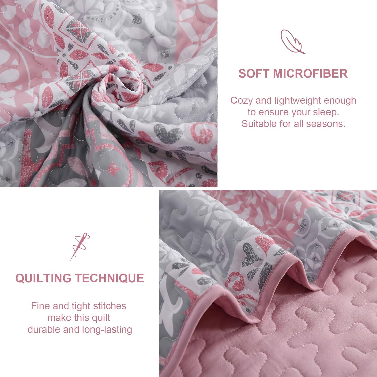Dobuyly Pink Grey Quilt Set King Size