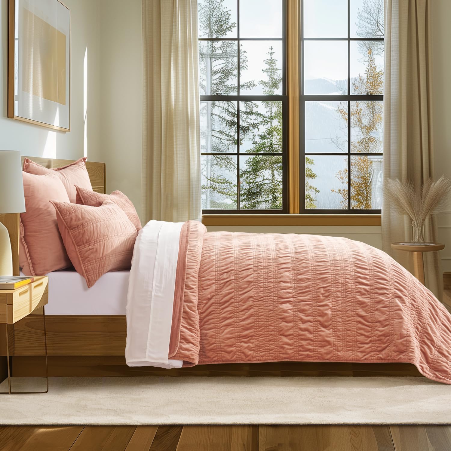 EVERGRACE Velvet Quilt Set Queen Size Pink Clay