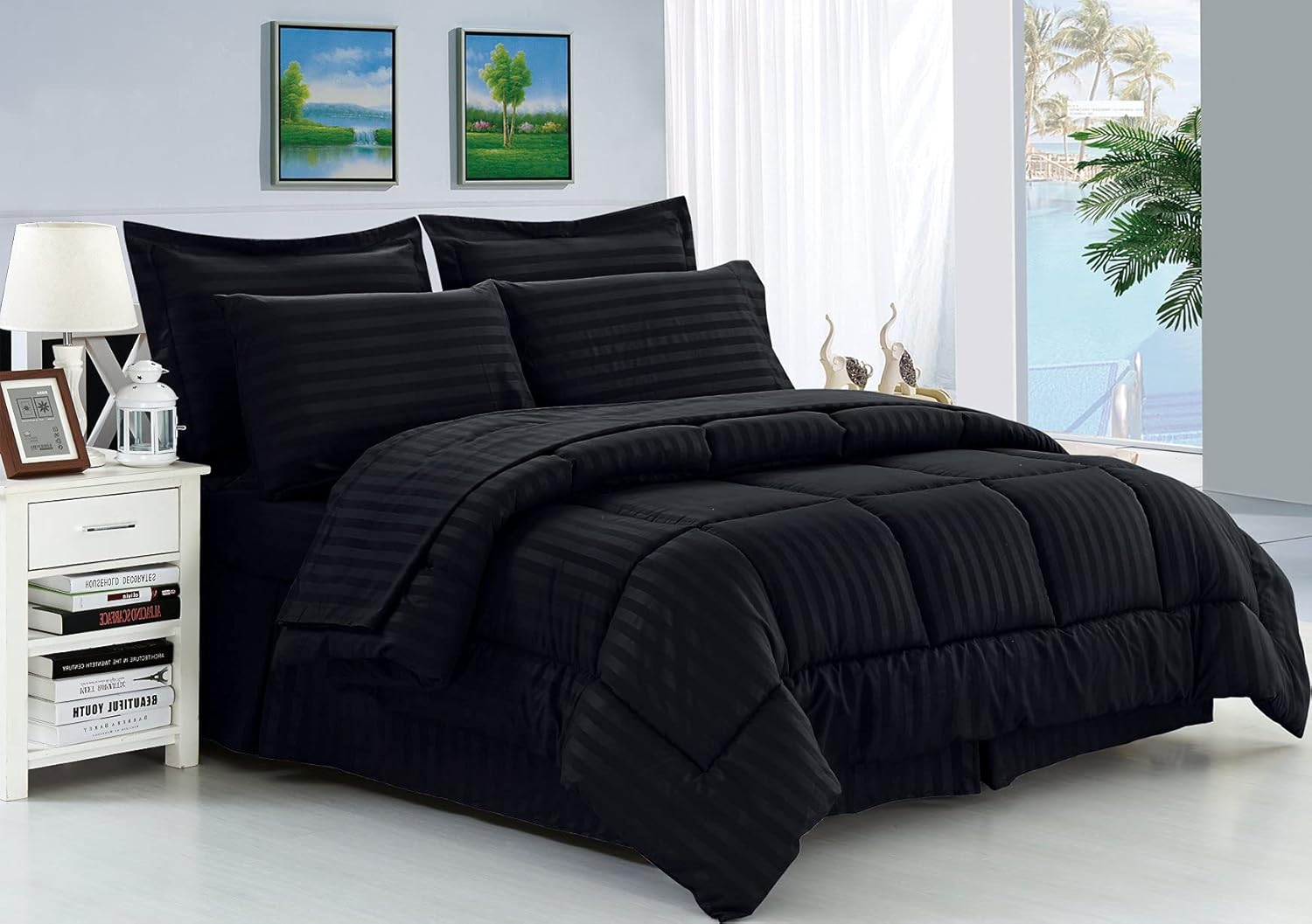 Elegance Linen King 8PC Stripe Comforter Set - Black Wrinkle Resistant