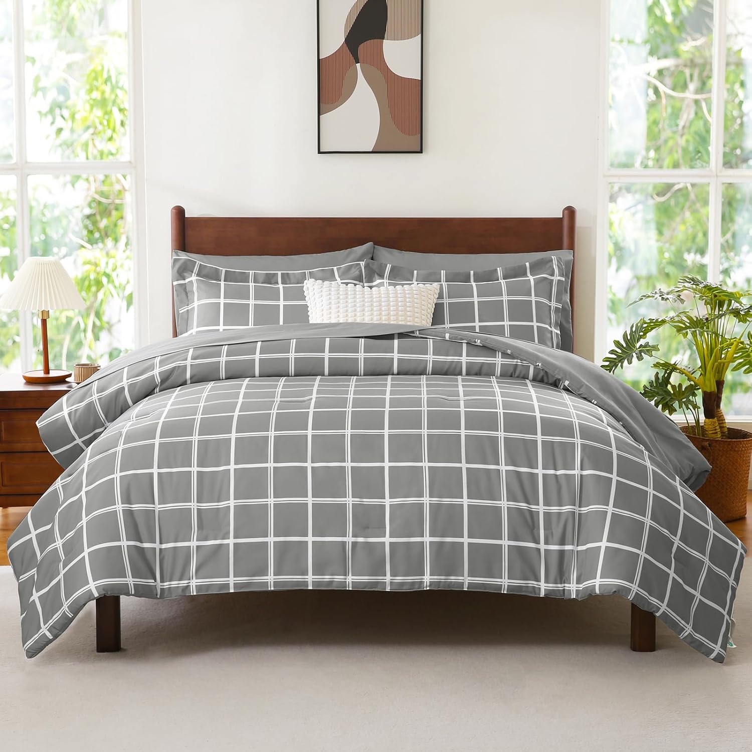 CozyLux Twin XL Plaid Comforter Set Grey 1