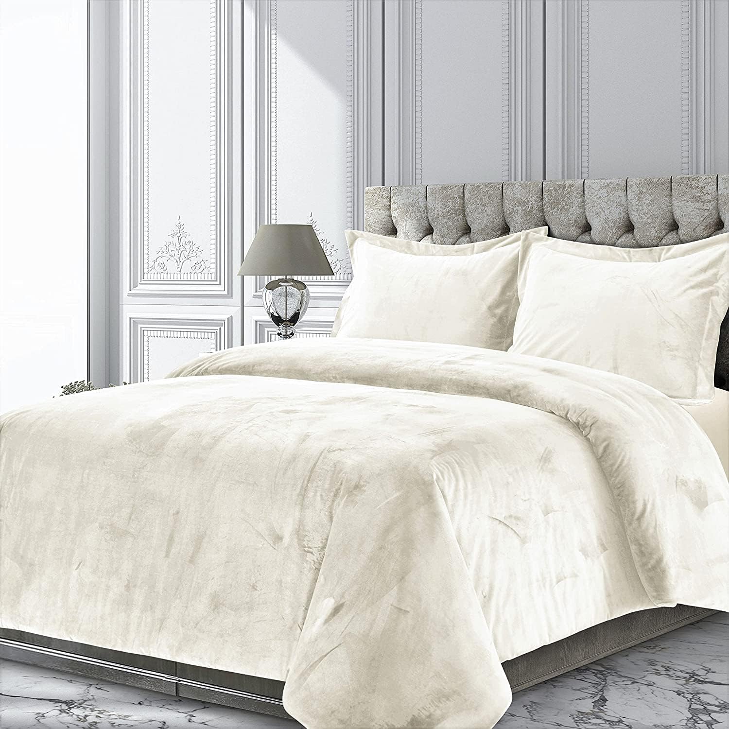 Velvet Ivory Comforter Set 5 Piece Super Queen Size