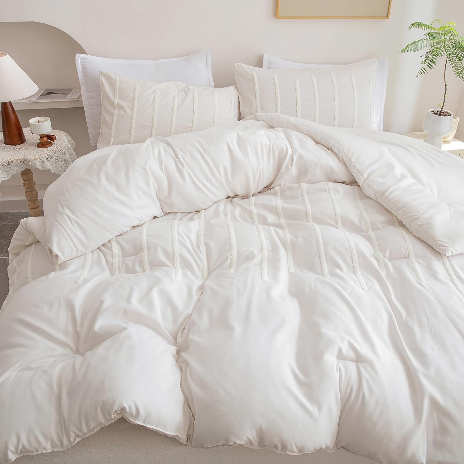 3Pcs Tufted Duvet Cover Set Ivory Twin XL