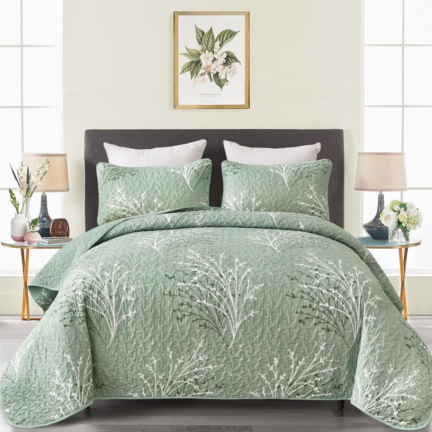 DJY Sage Green Botanical Quilt Set Twin Size