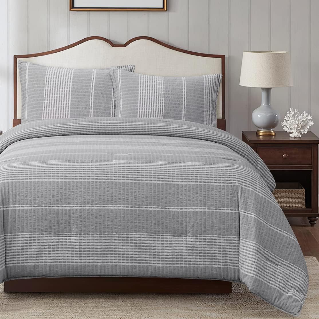 HiEnd Accents 3-Piece Duvet Cover Set Lane Gray White Stripe Seersucker