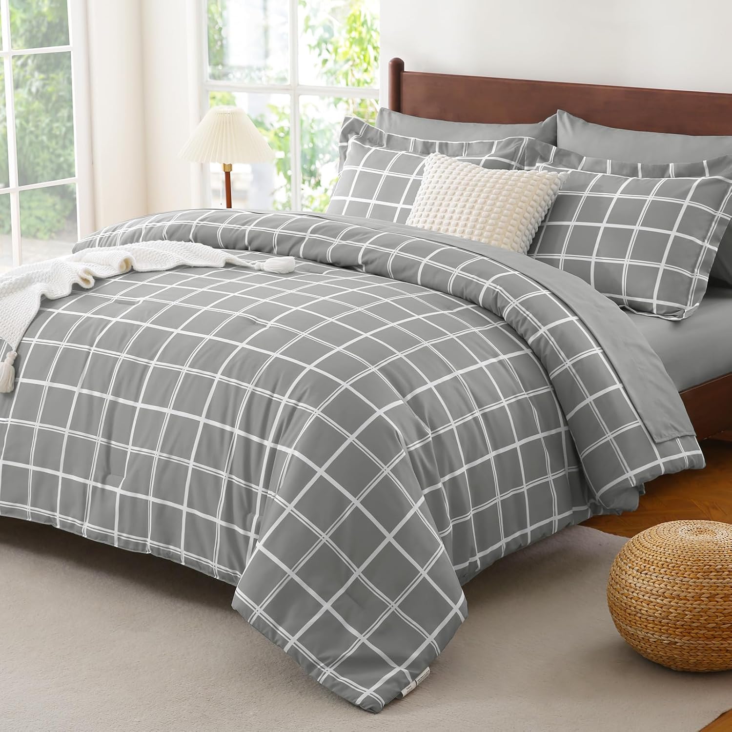 CozyLux Twin XL Plaid Comforter Set Grey 1