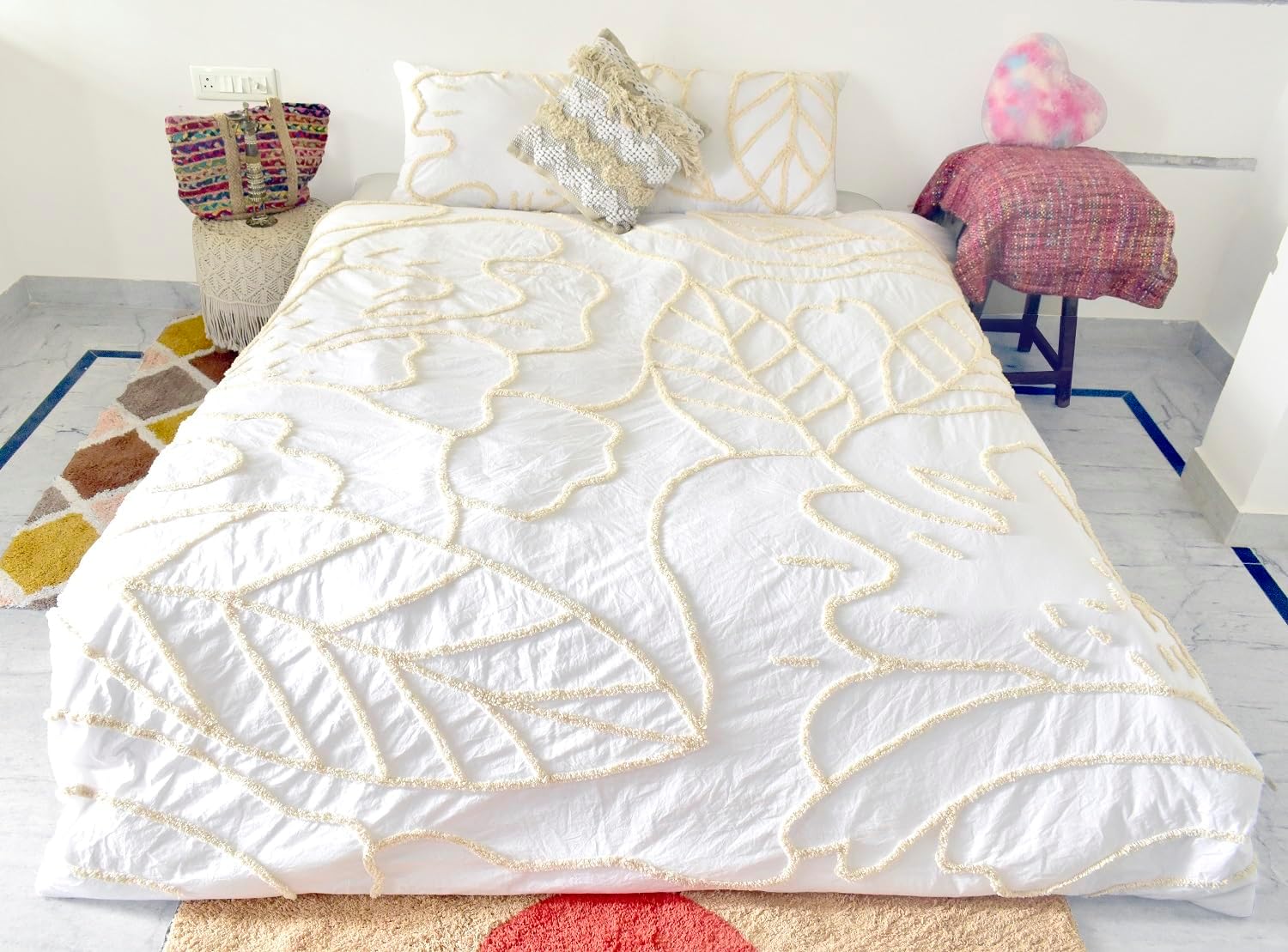 5 Piece Boho Duvet Cover Set - White Floral