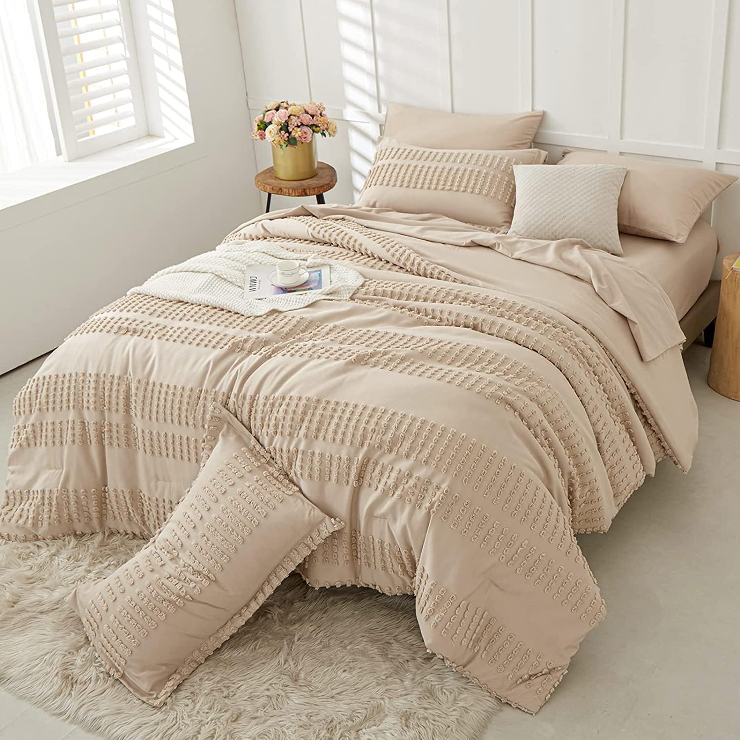 3-Piece Tufted Duvet Cover Set - Premium Percale Cotton Natural Cream Super King