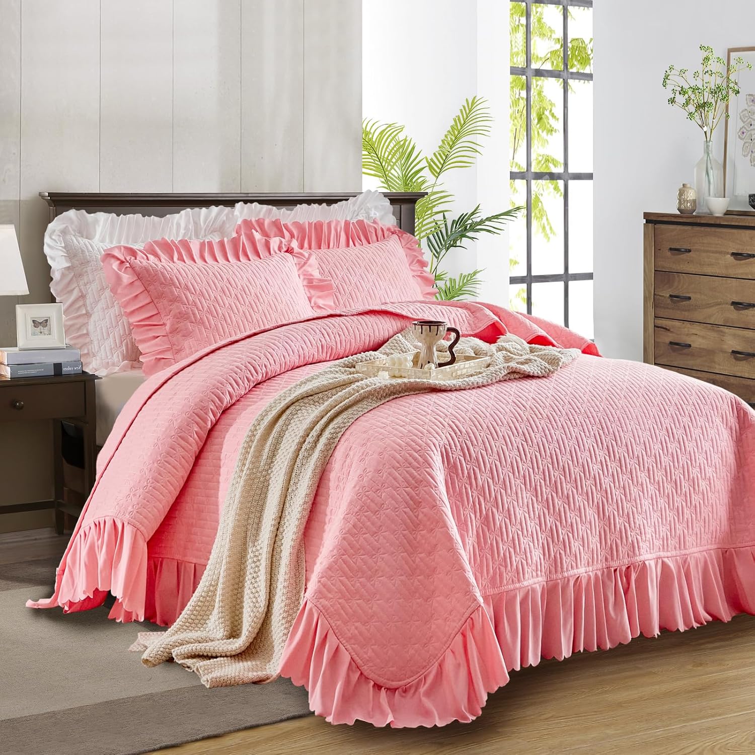 UOZZI Ruffled Quilt Bedding Set Queen 96x96